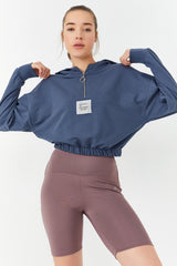 beli büzgülü kapüşonlu yarim fermuarli rahat form kadin crop top sweatshirt - 97155