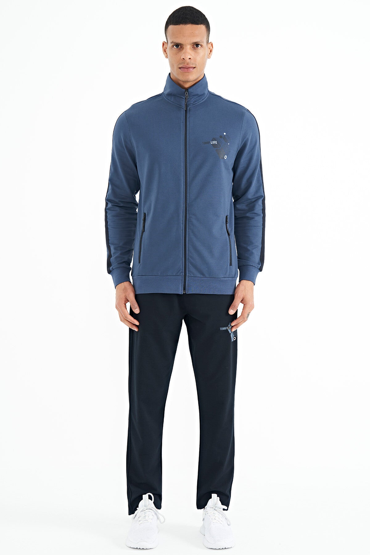 <tc>Ensemble de survêtement homme en indigo avec col montant, fermeture éclair et impressions, coupe confortable - 85208</tc>