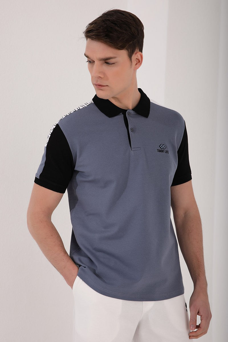 tek omuz yazi baskili standart kalip polo yaka erkek t-shirt - 87940 JMen