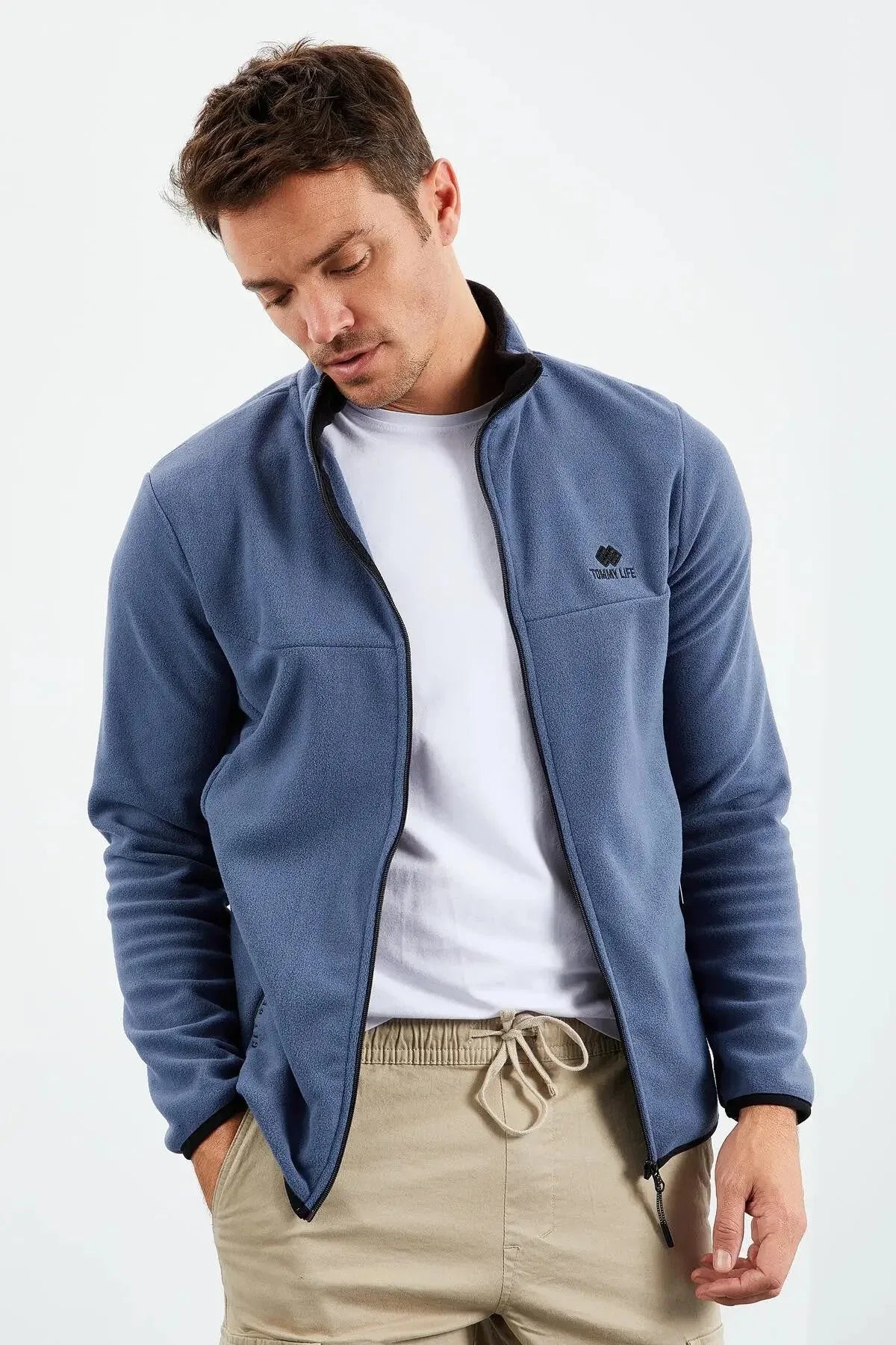 Sweatshirt pour homme en polaire à col montant et fermeture éclair, coupe standard avec broderie - 87992 - Justyol