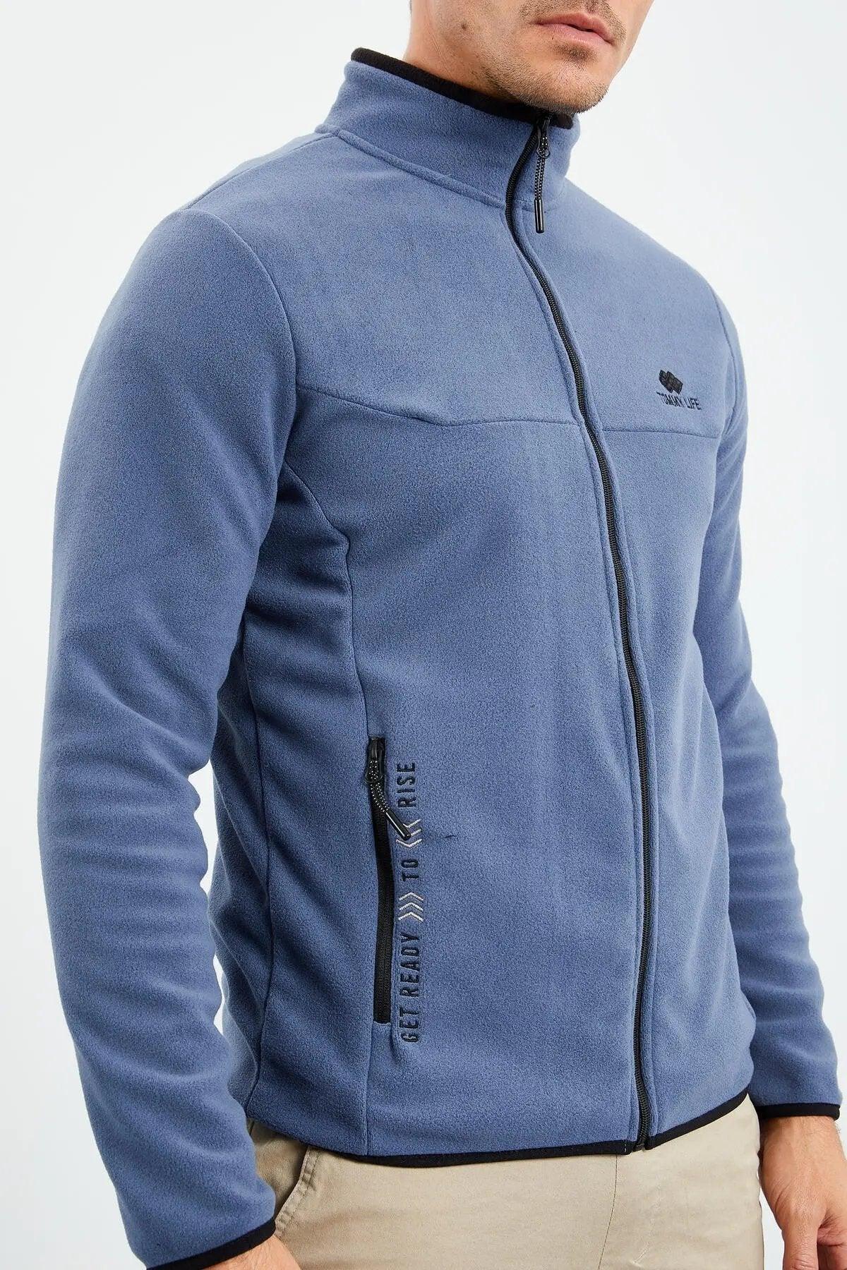 Sweatshirt pour homme en polaire à col montant et fermeture éclair, coupe standard avec broderie - 87992 - Justyol