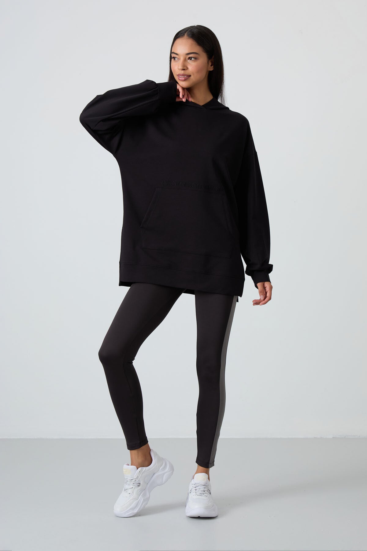 balon kol yazi nakişli kadin oversize tunik sweatshirt - 97163