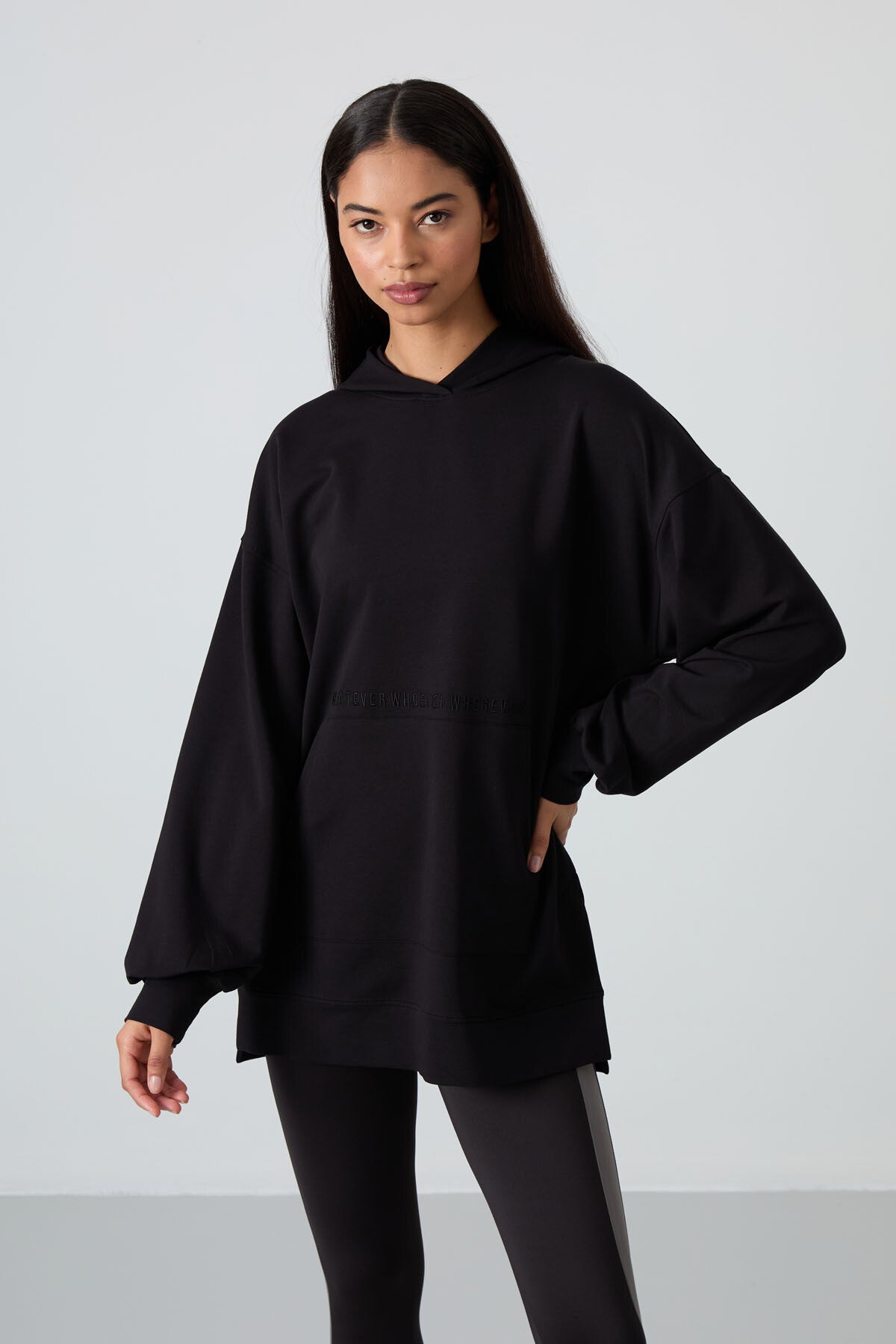 balon kol yazi nakişli kadin oversize tunik sweatshirt - 97163