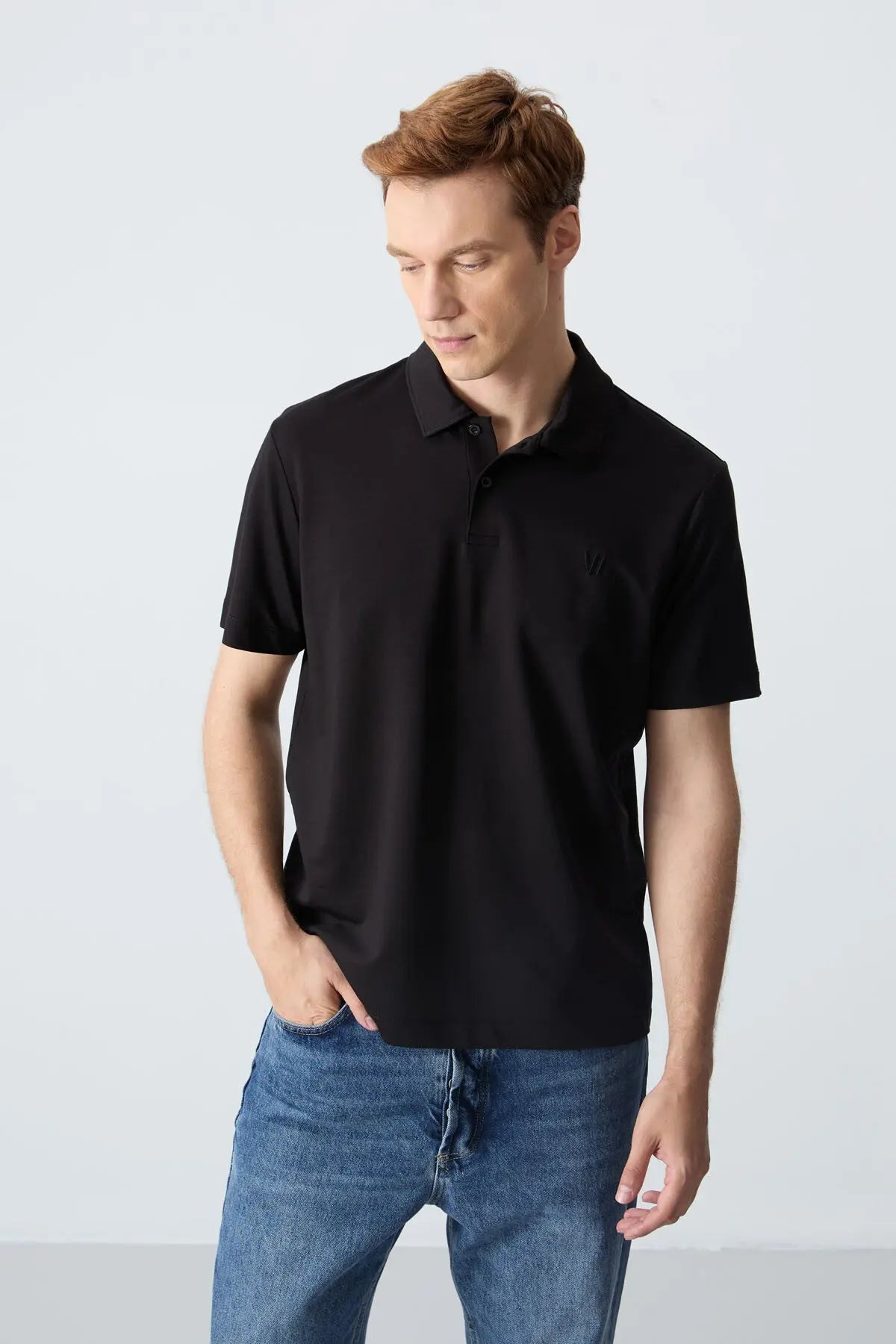 basic göğüs logolu standart kalip triko polo yaka erkek t-shirt - 87768 - Justyol