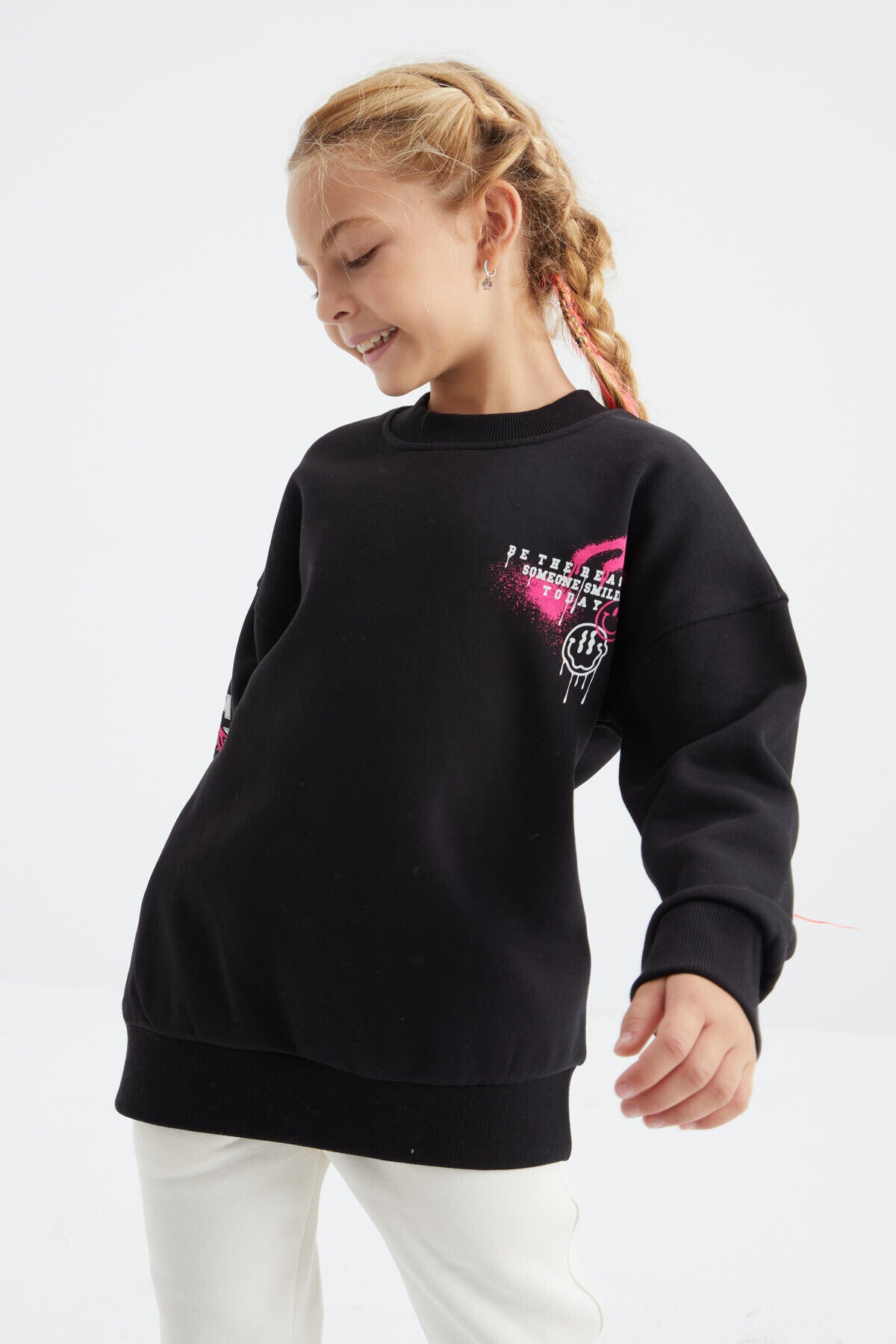 baski detayli o yaka kiz çocuk sweatshirt - 75095