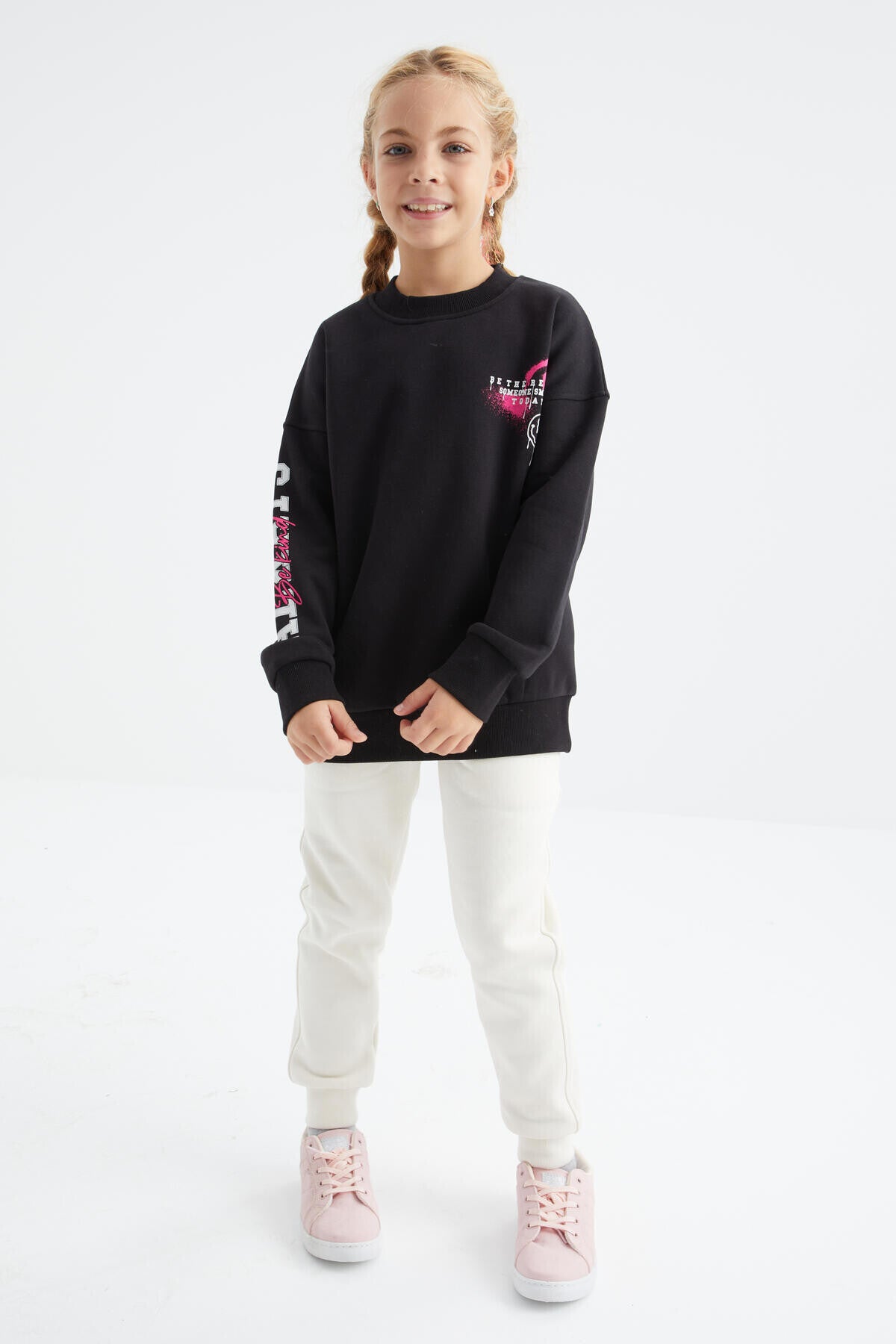 baski detayli o yaka kiz çocuk sweatshirt - 75095