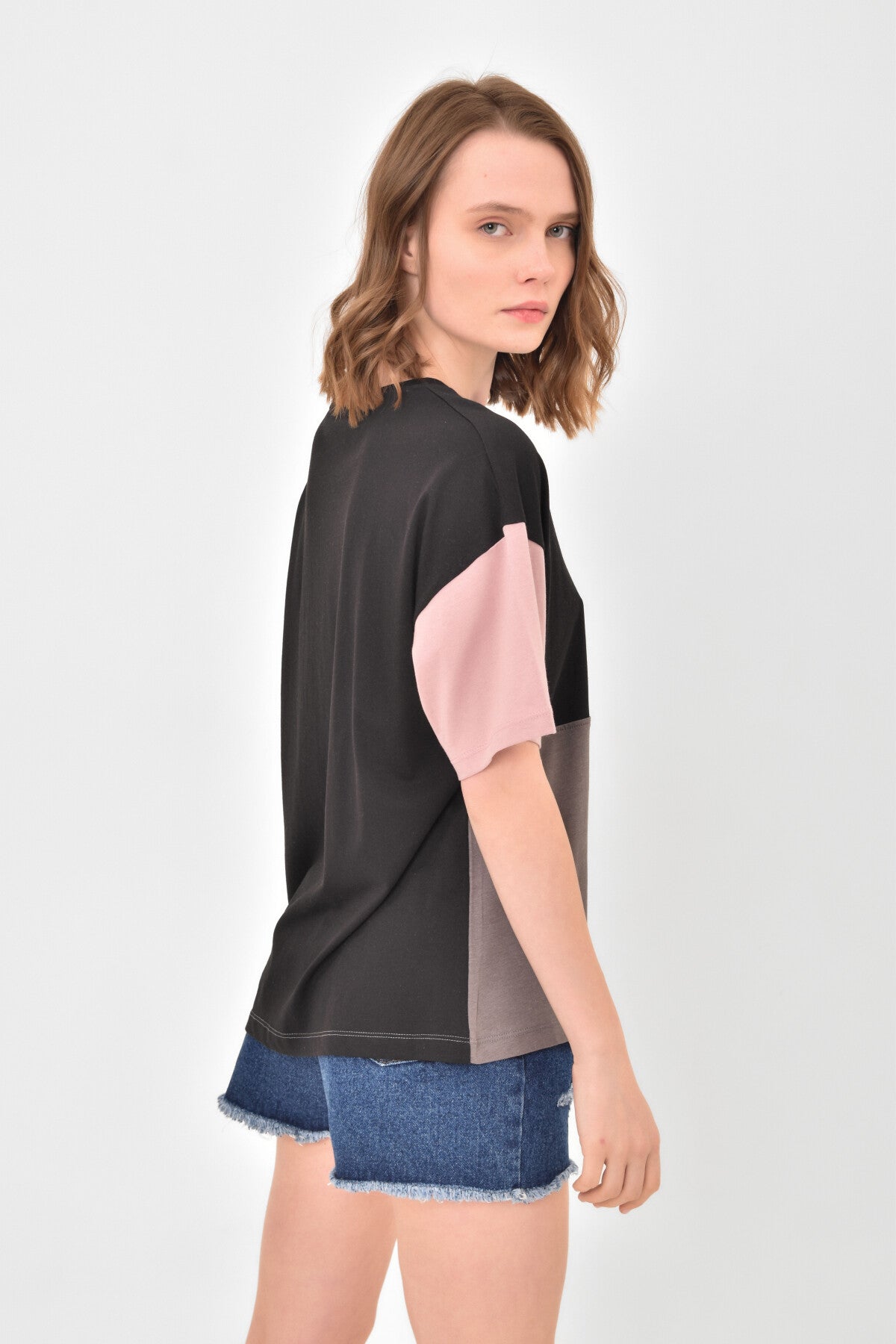 çok renkli o yaka oversize kadin basic t-shirt - 02309