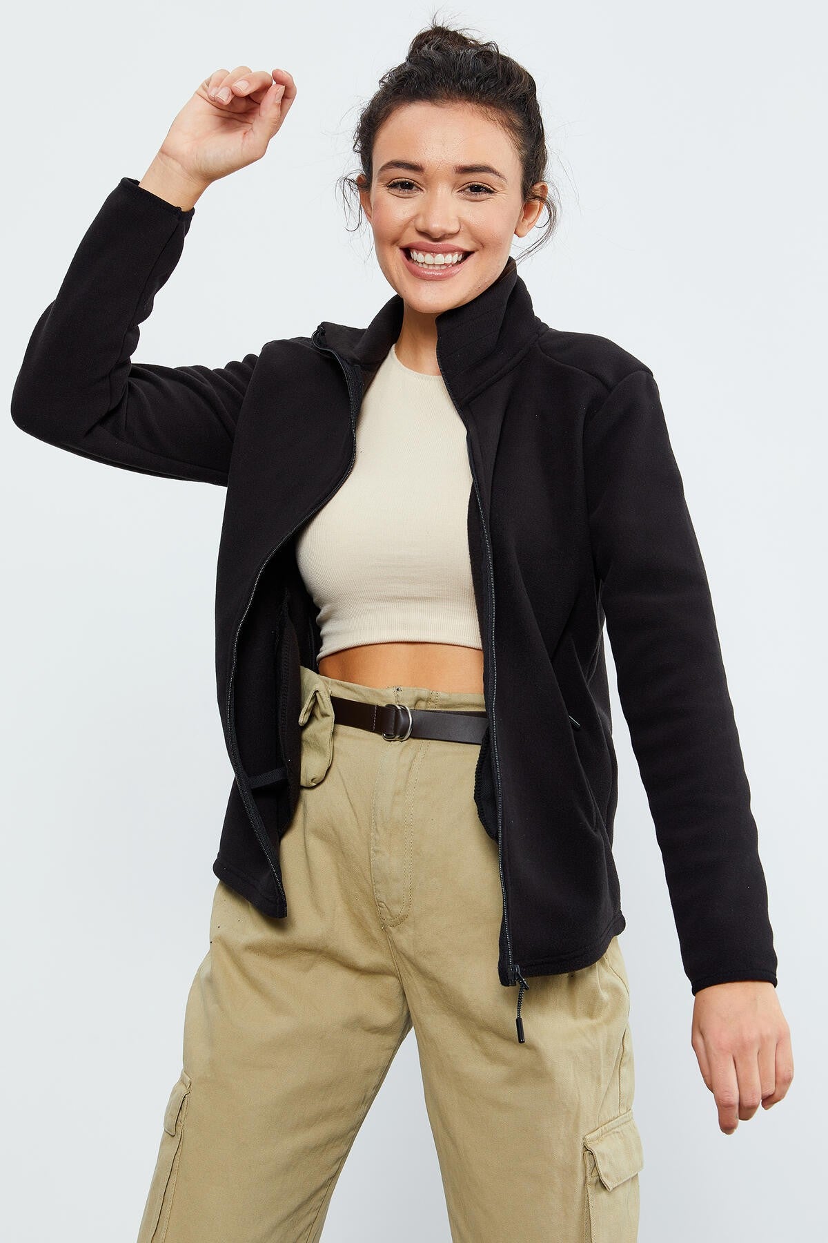 <tc>Sweatshirt femme en polaire à col montant avec fermeture éclair, coupe décontractée - 97173</tc>