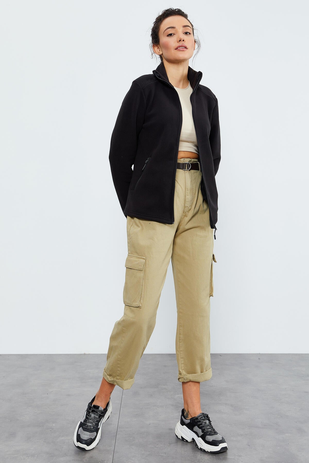 <tc>Sweatshirt femme en polaire à col montant avec fermeture éclair, coupe décontractée - 97173</tc>