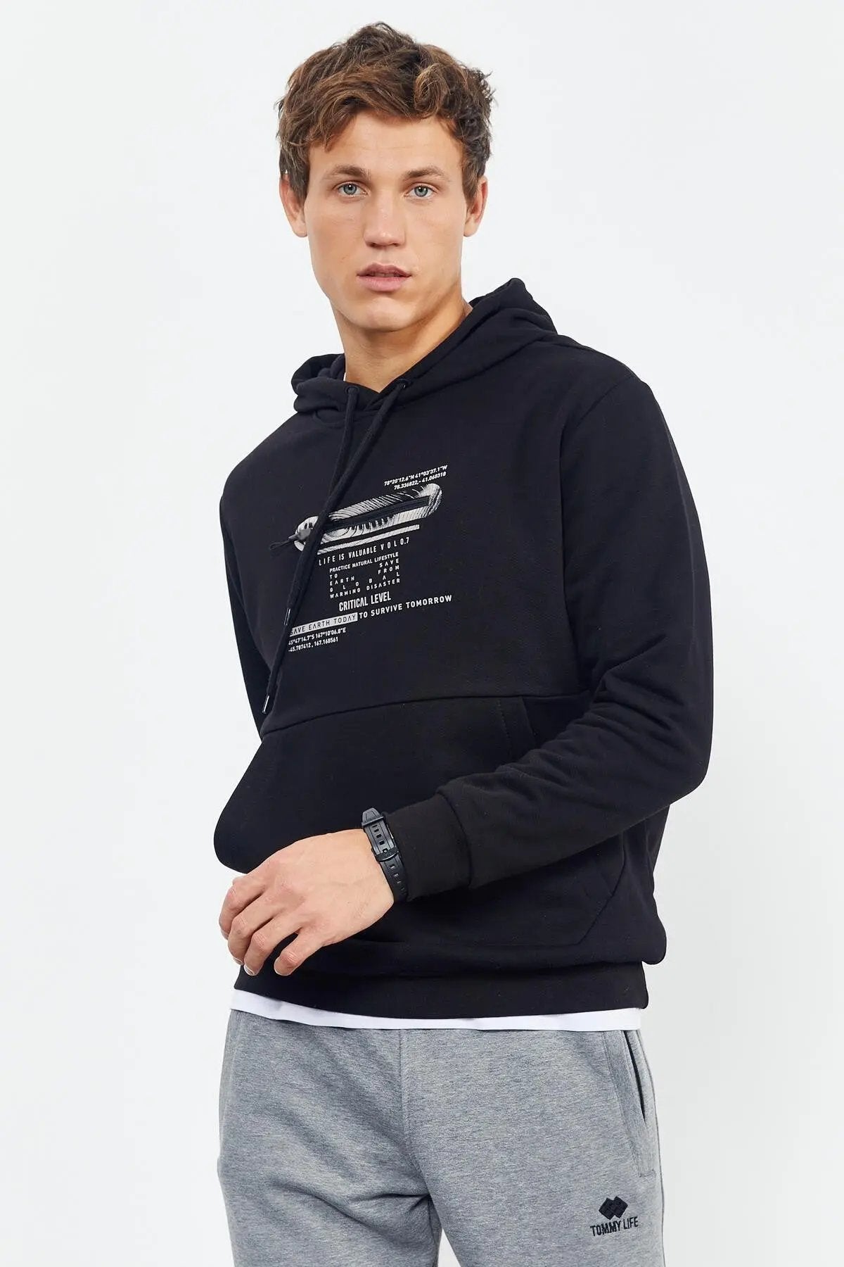 baskili kapüşonlu kanguru cep rahat form erkek sweatshirt - 88019 - Justyol