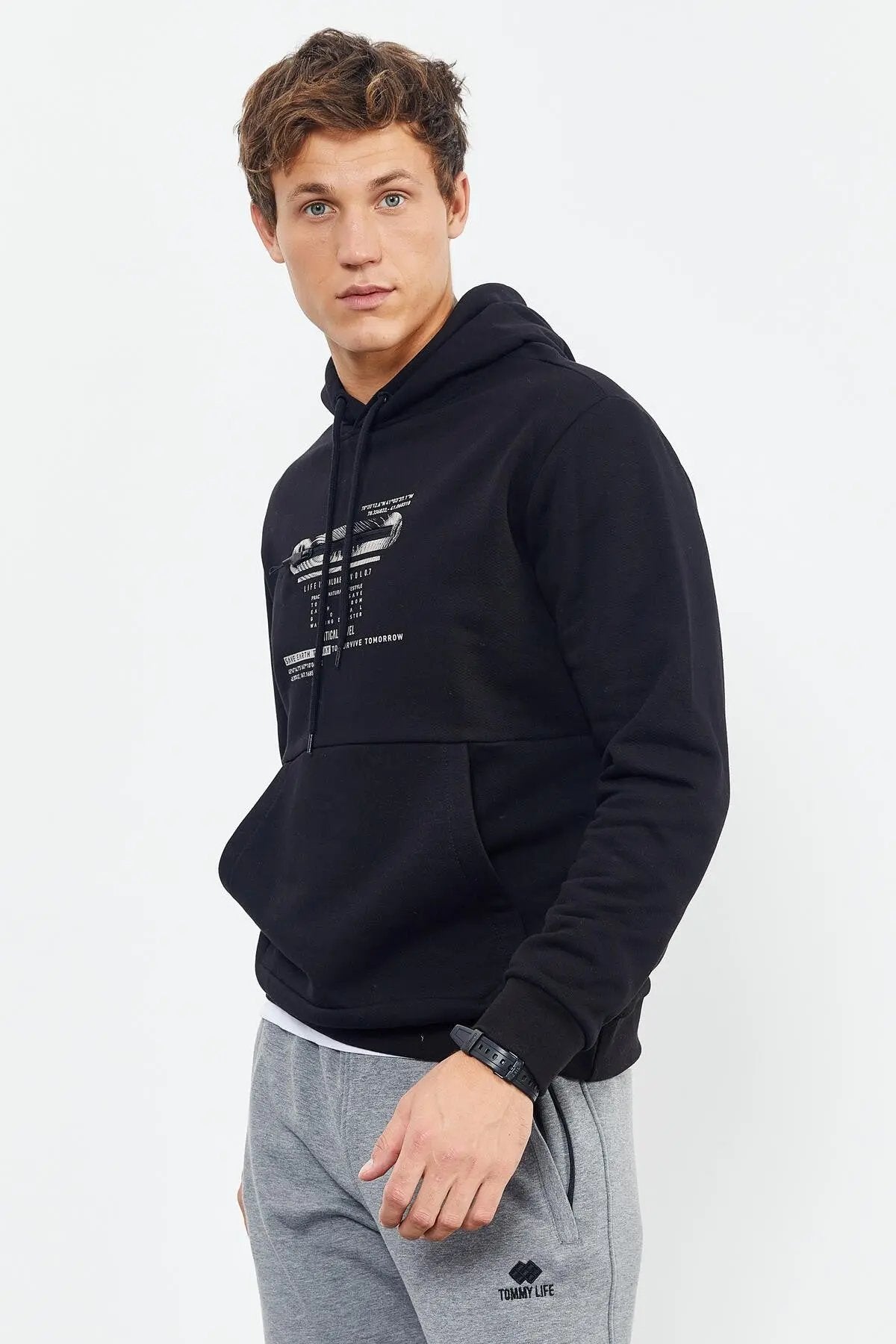 baskili kapüşonlu kanguru cep rahat form erkek sweatshirt - 88019 - Justyol