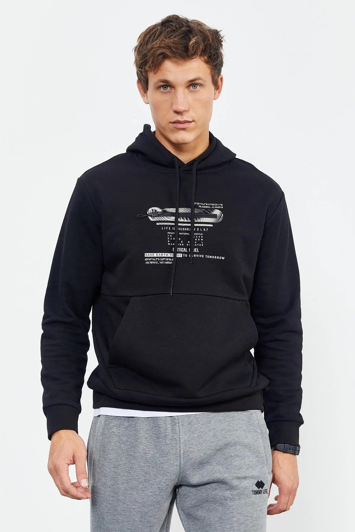 baskili kapüşonlu kanguru cep rahat form erkek sweatshirt - 88019 - Justyol