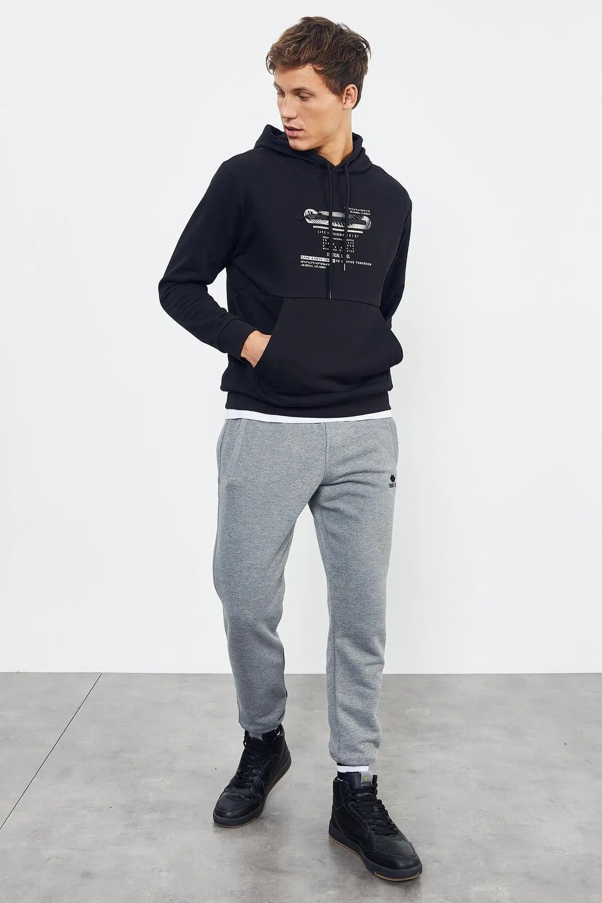 baskili kapüşonlu kanguru cep rahat form erkek sweatshirt - 88019 - Justyol