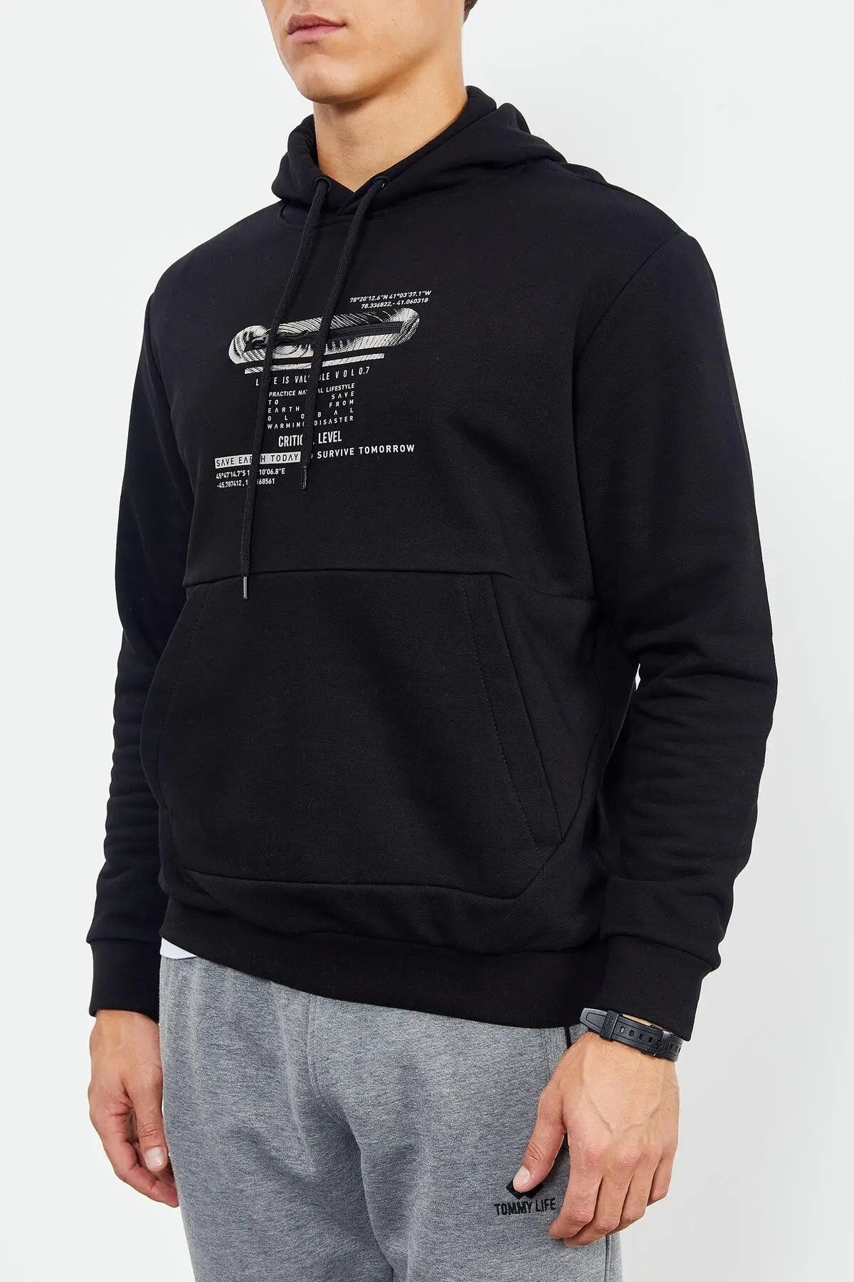 baskili kapüşonlu kanguru cep rahat form erkek sweatshirt - 88019 - Justyol