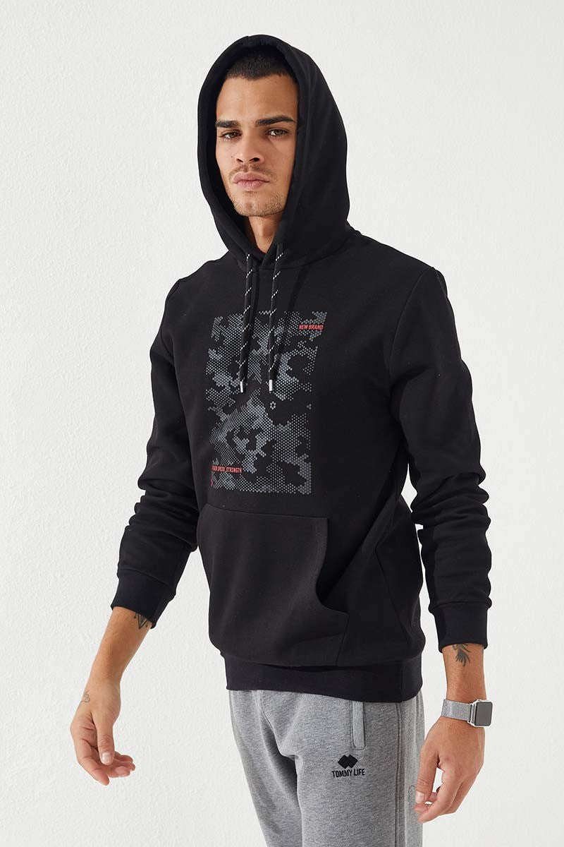 kamuflaj desen baskili standart kalip kapüşonlu erkek sweatshirt - 87884