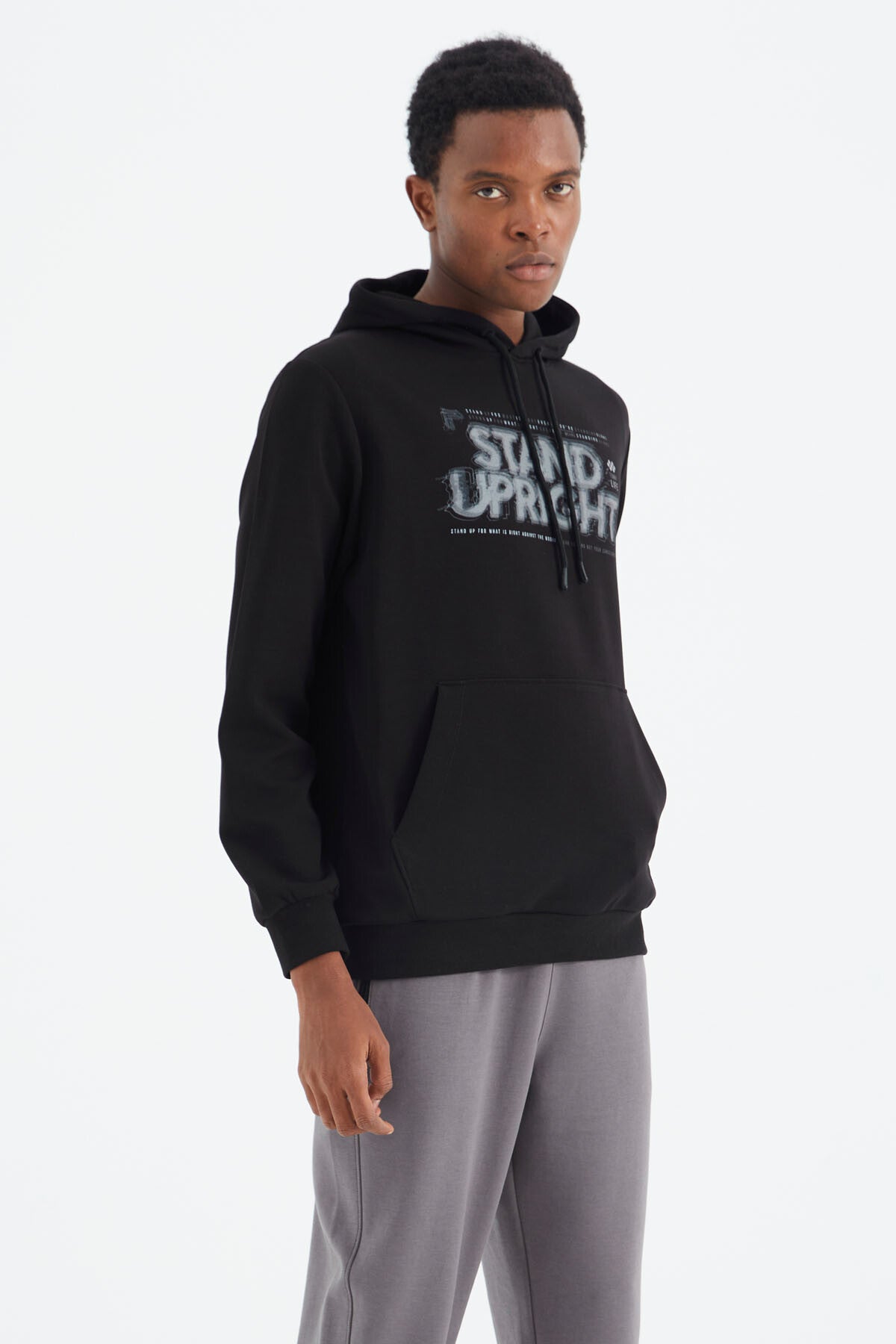 kapüşonlu bağcikli baski detayli rahat kalip erkek sweatshirt - 88286