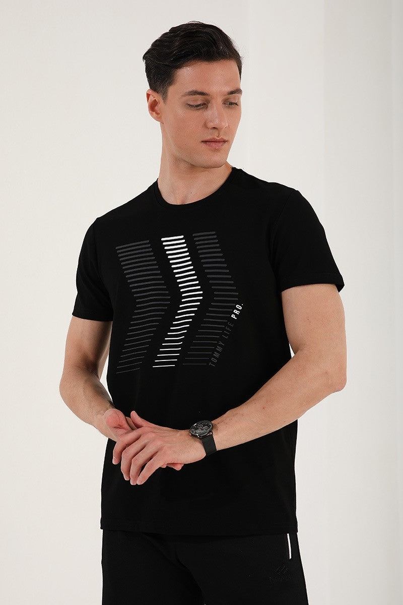 <tc>T-shirt pour homme à col rond, à la coupe décontractée, avec impression de lettres et de chiffres mélangés - 87960</tc>