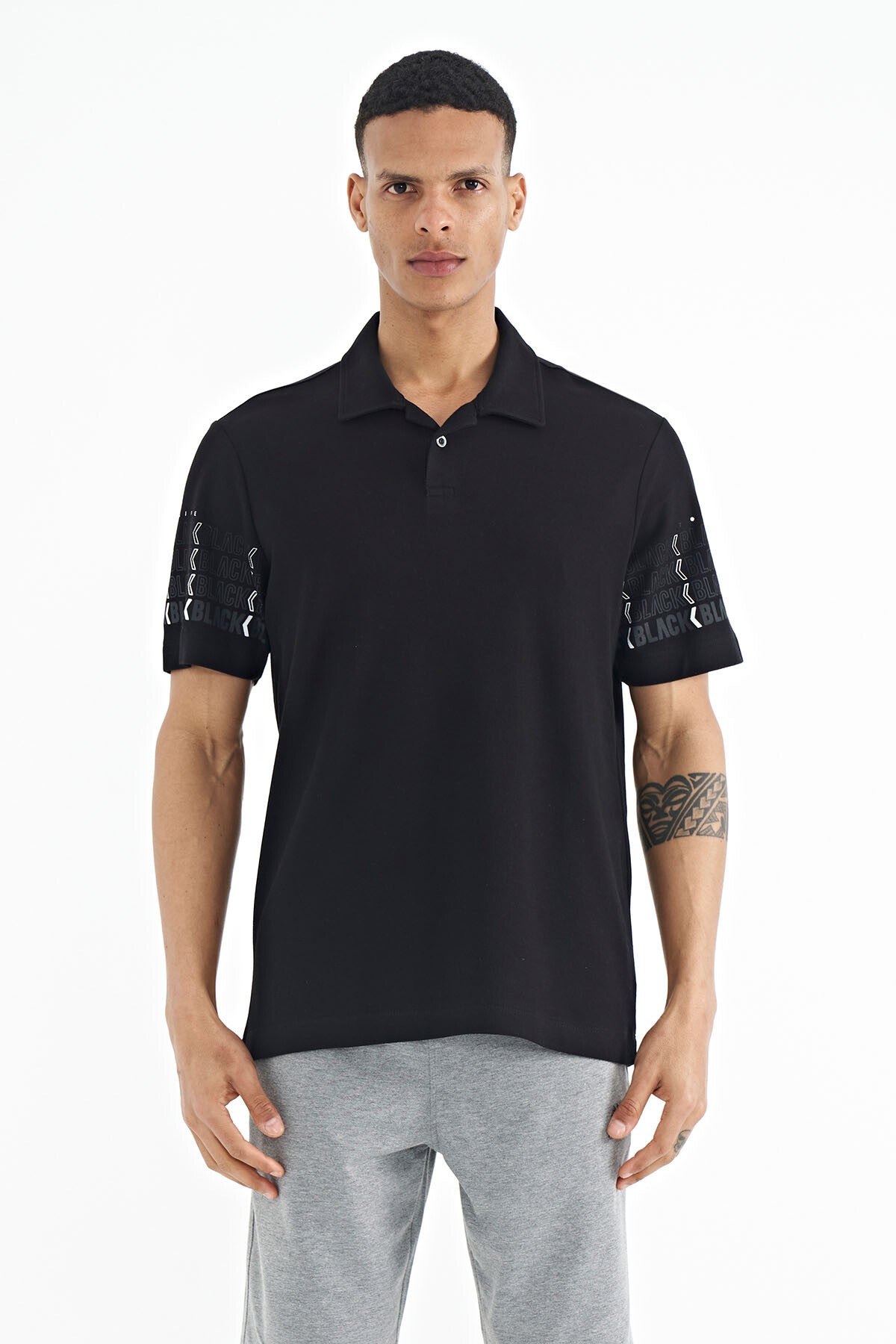 kol baski detayli polo yaka standart form erkek t-shirt - 88240