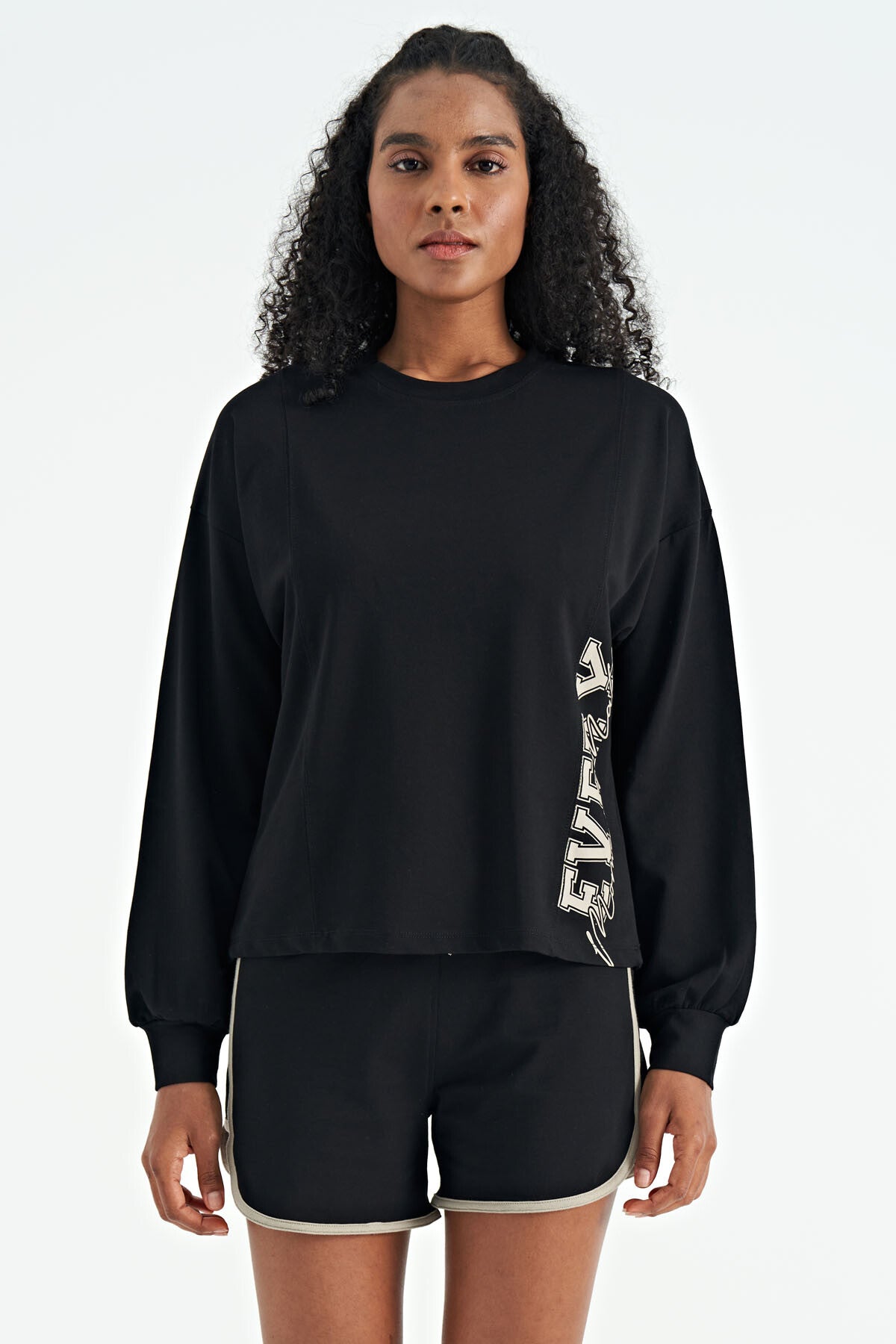 nakiş detayli balon kol crop basic kadin sweatshirt - 02118