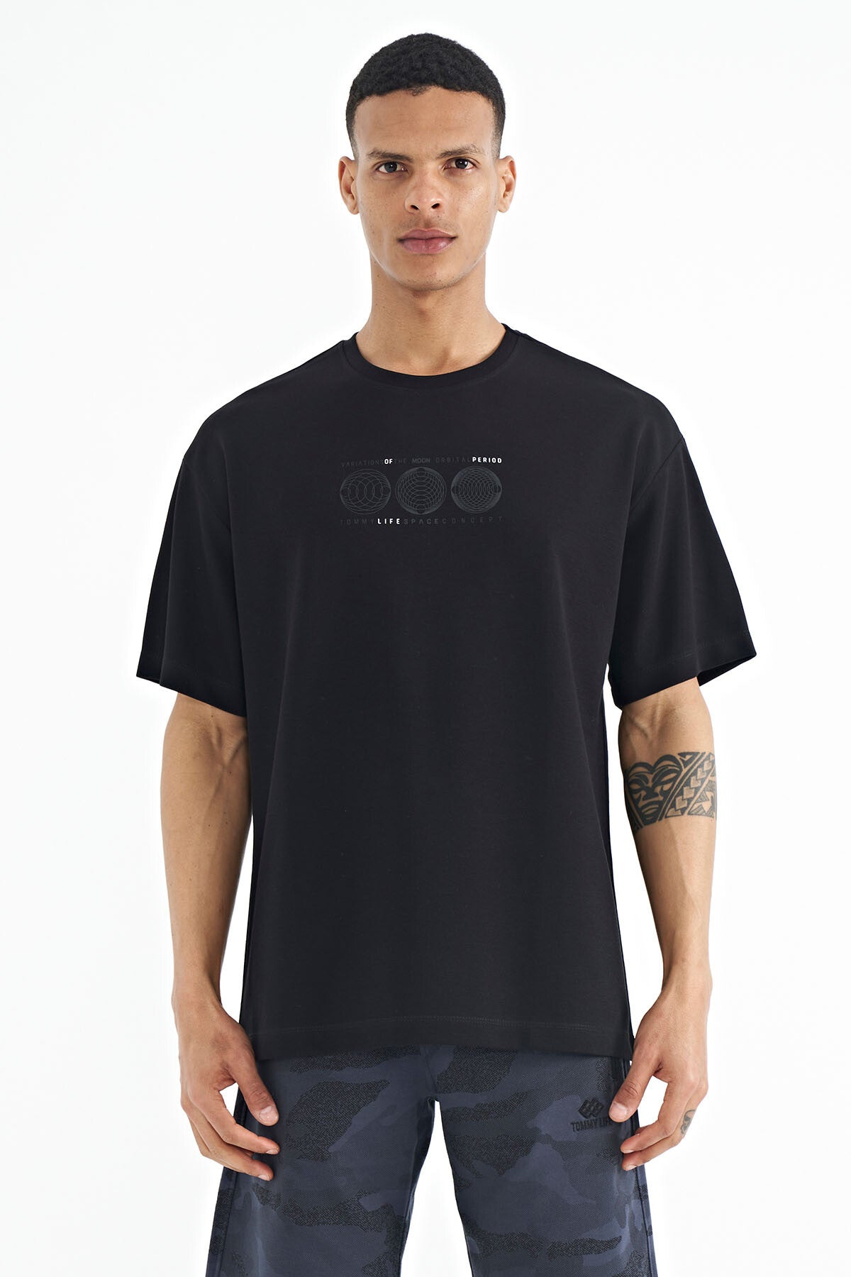 ön arka baskili o yaka oversize erkek t-shirt - 88224