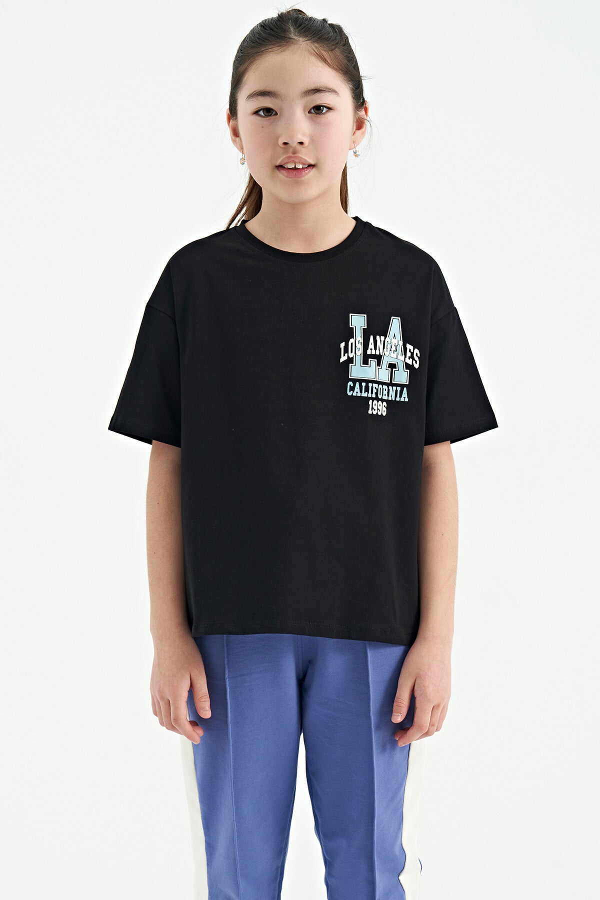 <tc>T-shirt fille oversize à col rond avec impression devant et derrière, manches courtes - 75127</tc>