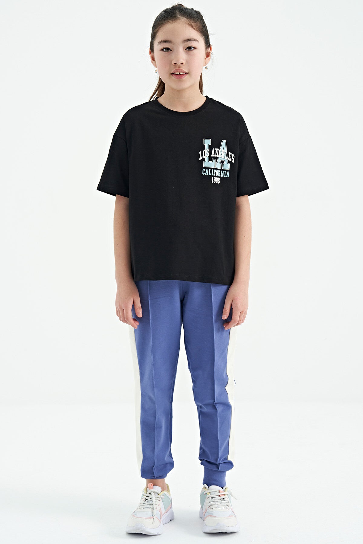 <tc>T-shirt fille oversize à col rond avec impression devant et derrière, manches courtes - 75127</tc>