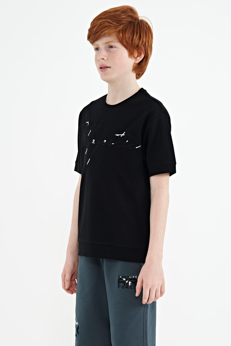 T-shirt Garçon Oversize Col Rond avec Broderie Texte