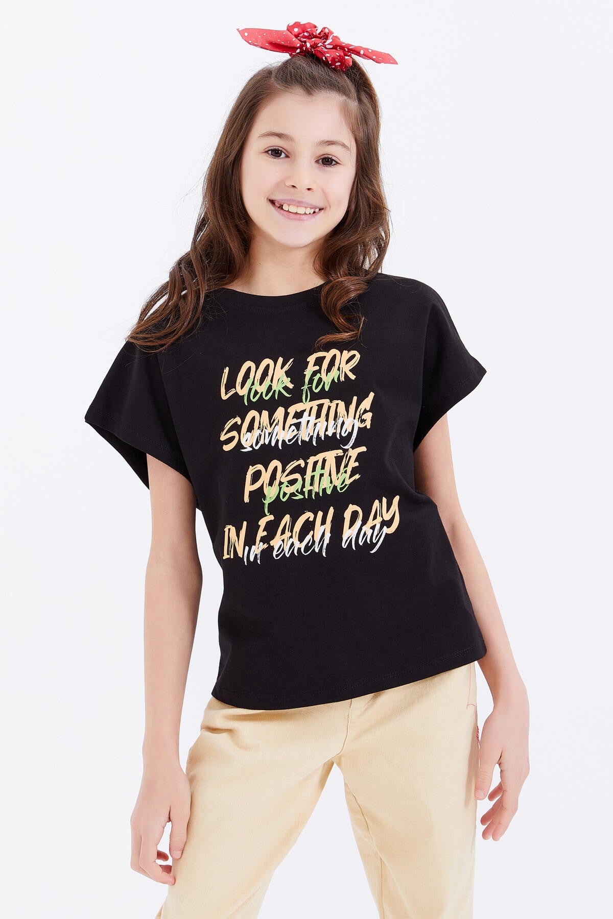 oversize renkli yazi baskili o yaka kiz çocuk t-shirt - 75029