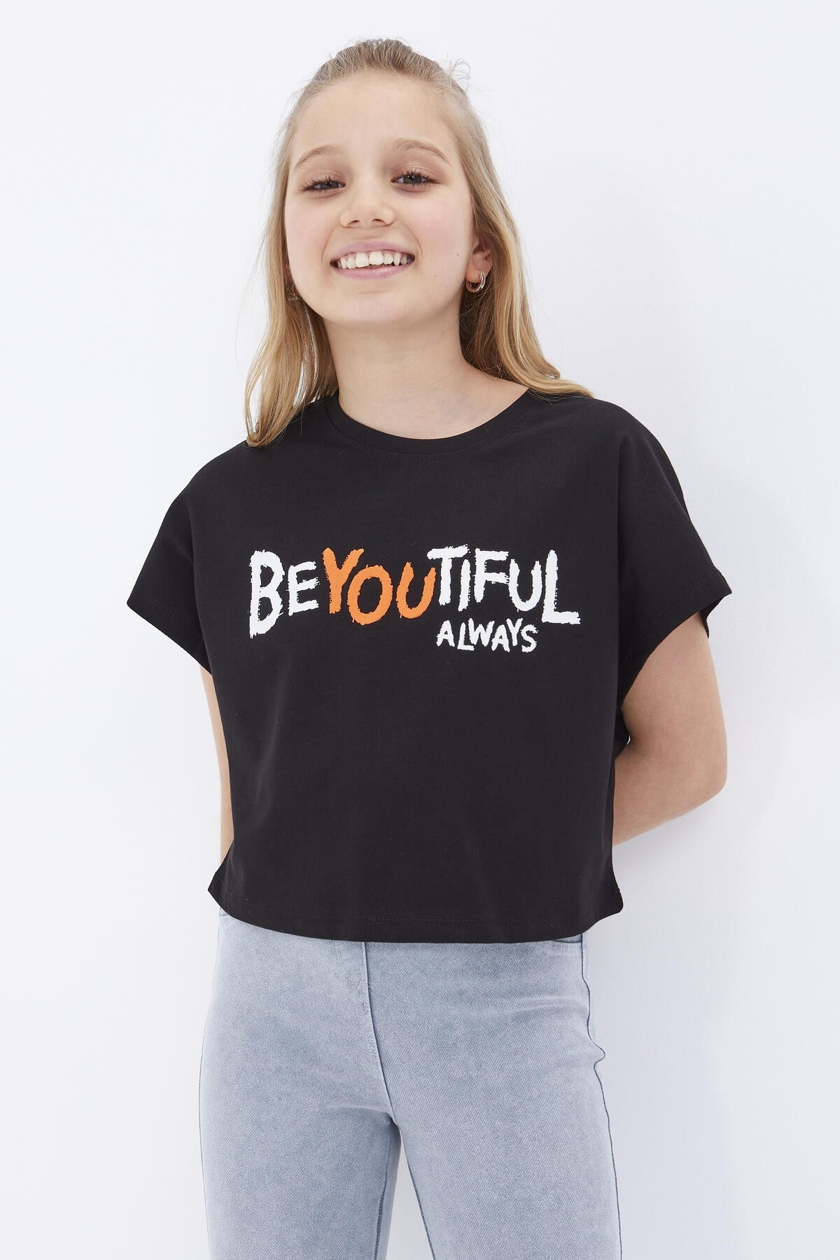 oversize yazi baskili o yaka kiz çocuk crop t-shirt - 75035