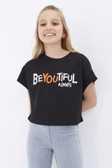 oversize yazi baskili o yaka kiz çocuk crop t-shirt - 75035