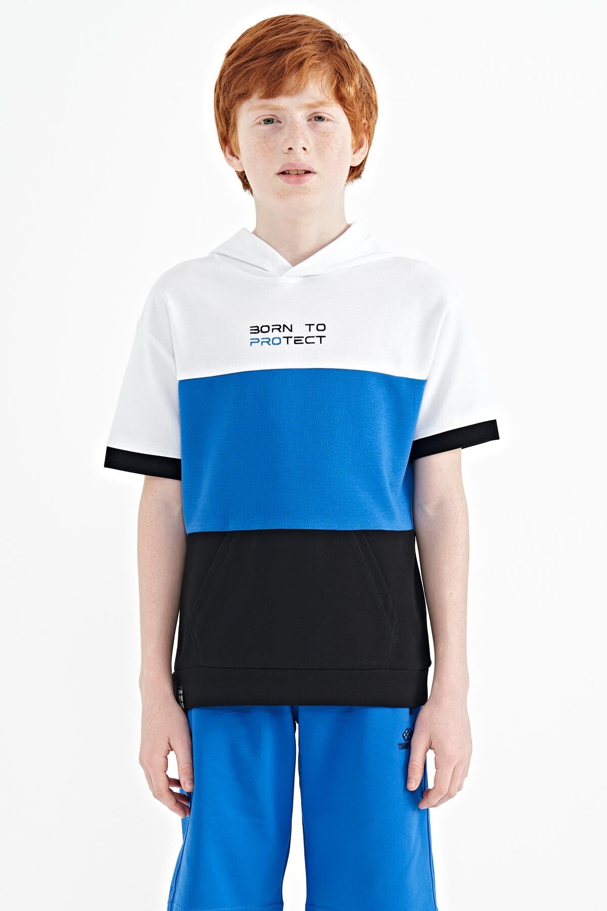 <tc>T-shirt oversize pour garçon avec capuche, poche kangourou et blocs de couleur - 11150</tc>