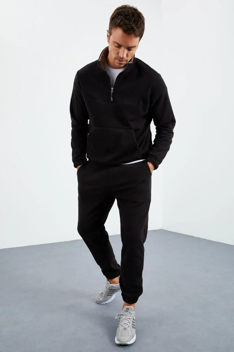 Ensemble de survêtement pour homme en polaire à demi-fermeture éclair, col montant et bas de pantalon élastiqués - 85159