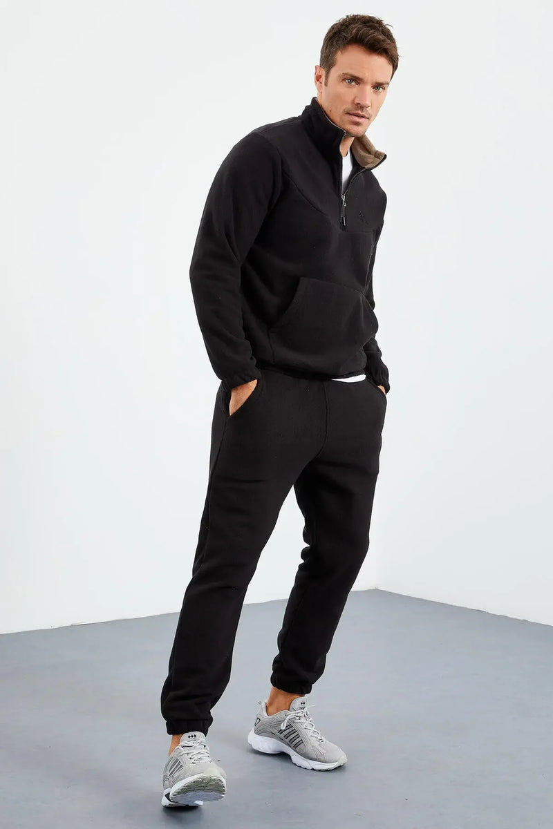 Ensemble de survêtement pour homme en polaire à demi-fermeture éclair, col montant et bas de pantalon élastiqués - 85159