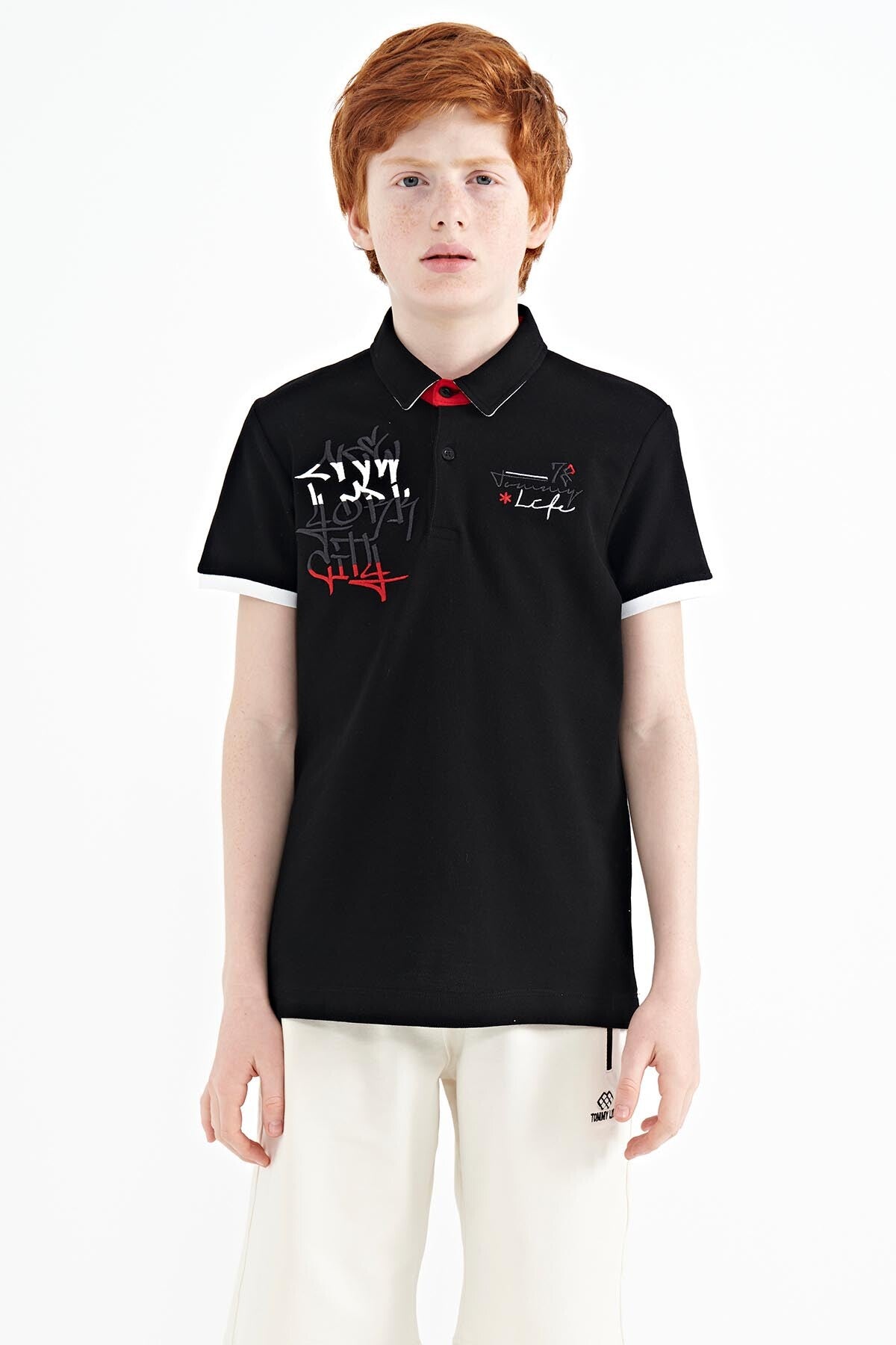 yazi nakiş detayli standart kalip polo yaka erkek çocuk t-shirt - 11085