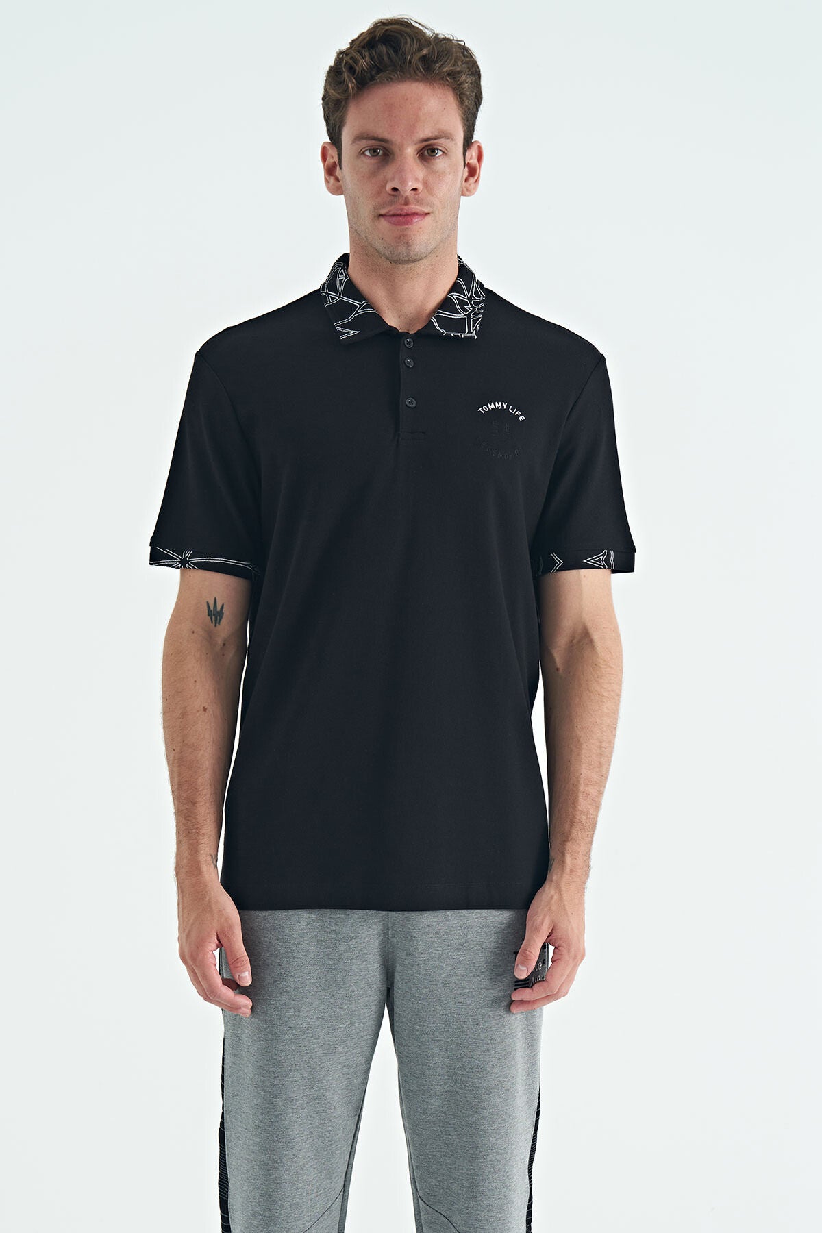 yazi nakişli baski detayli standart kalip polo yaka erkek t-shirt - 88239