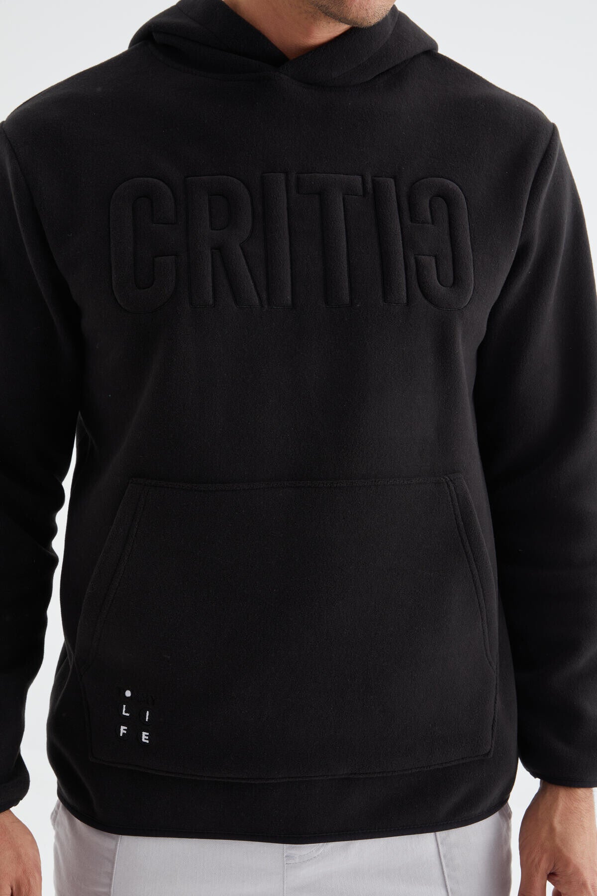 yazi nakişli kanguru cepli kapüşonlu standart kalip erkek polar sweatshirt - 88156 - Justyol