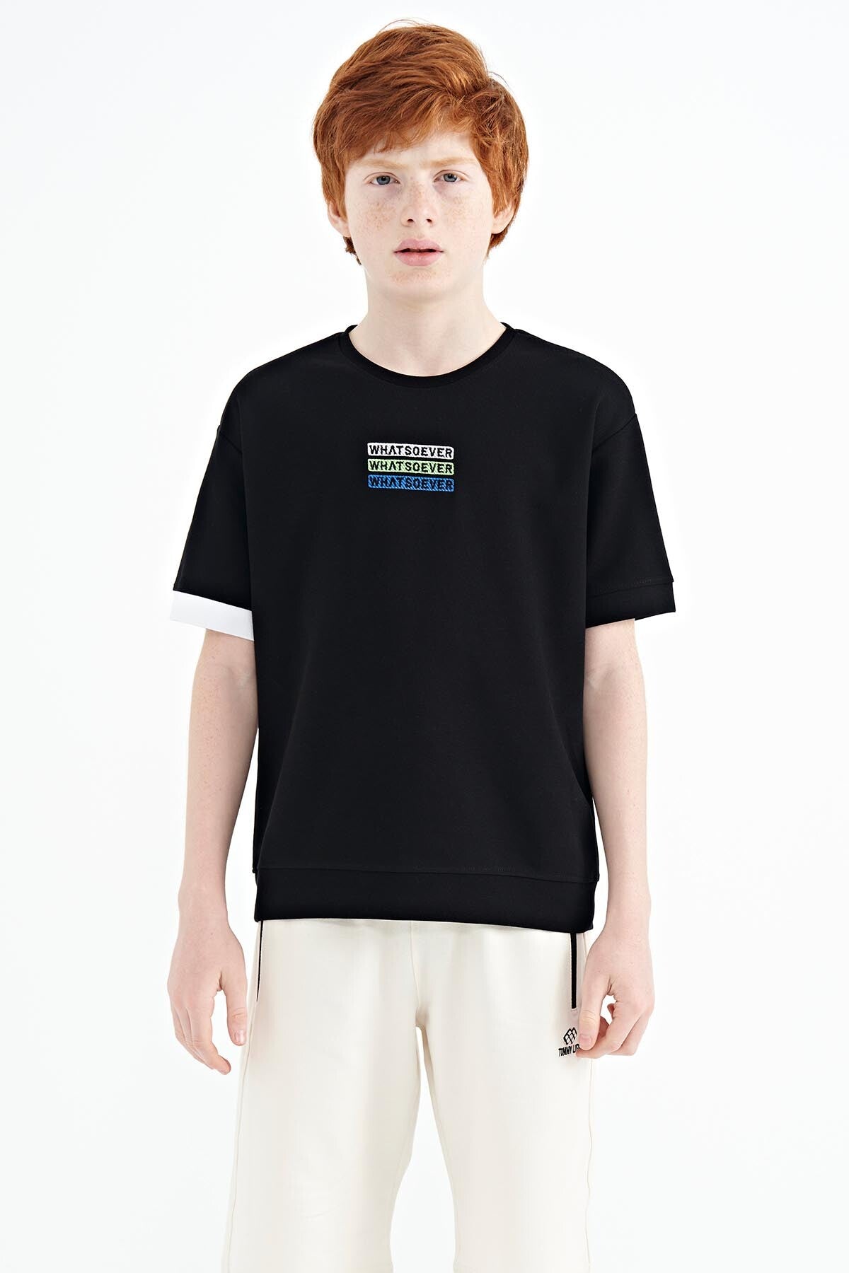 <tc>T-shirt oversize pour garçon à col rond avec broderie de texte - 11146</tc>