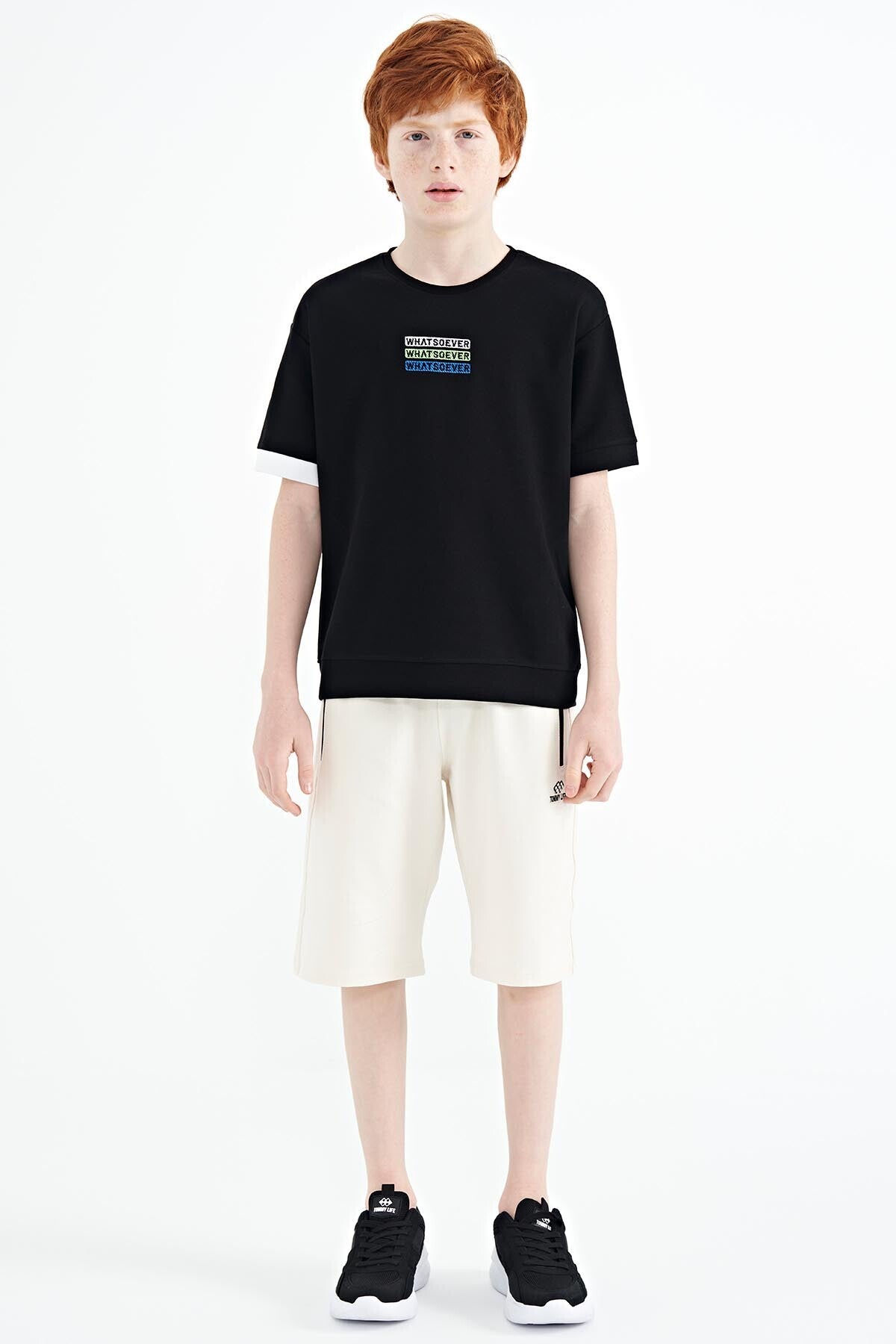 <tc>T-shirt oversize pour garçon à col rond avec broderie de texte - 11146</tc>