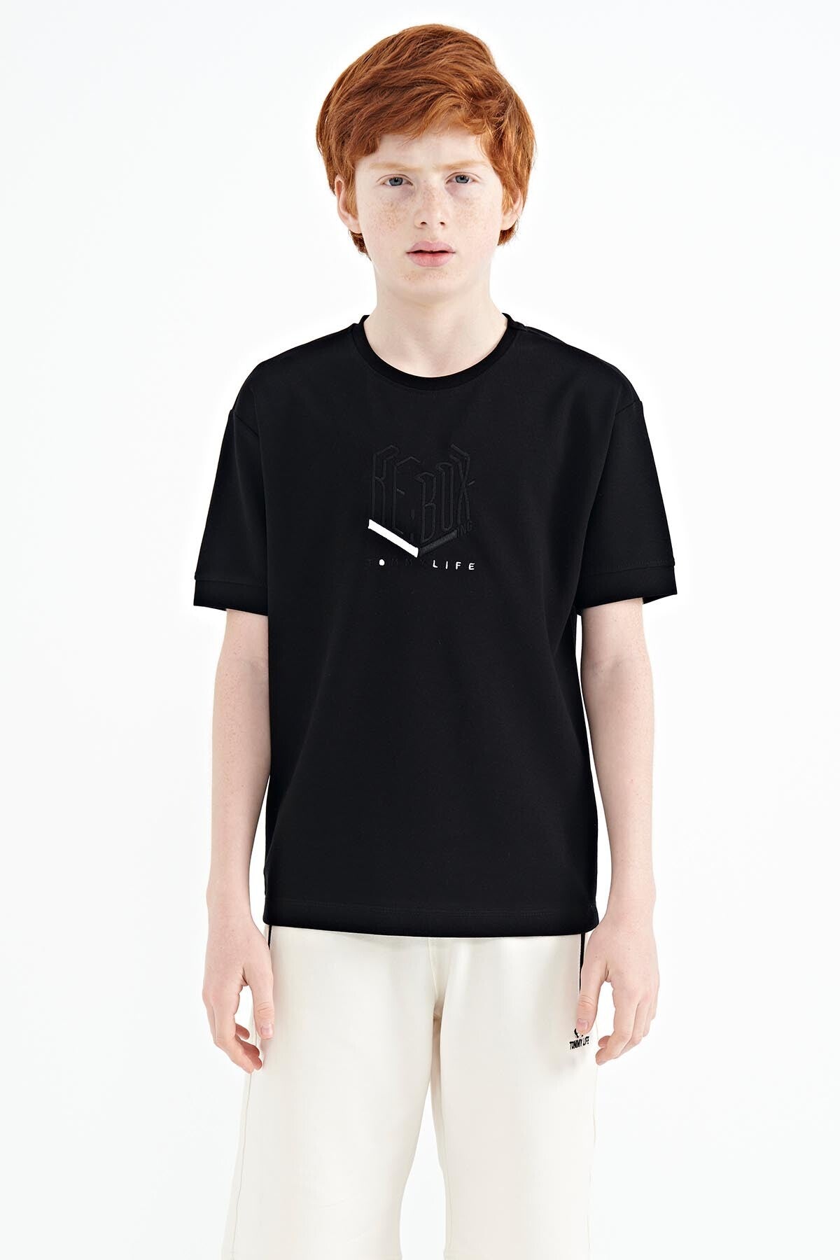 <tc>T-shirt oversize pour garçon à col rond avec broderie de texte - 11151</tc>