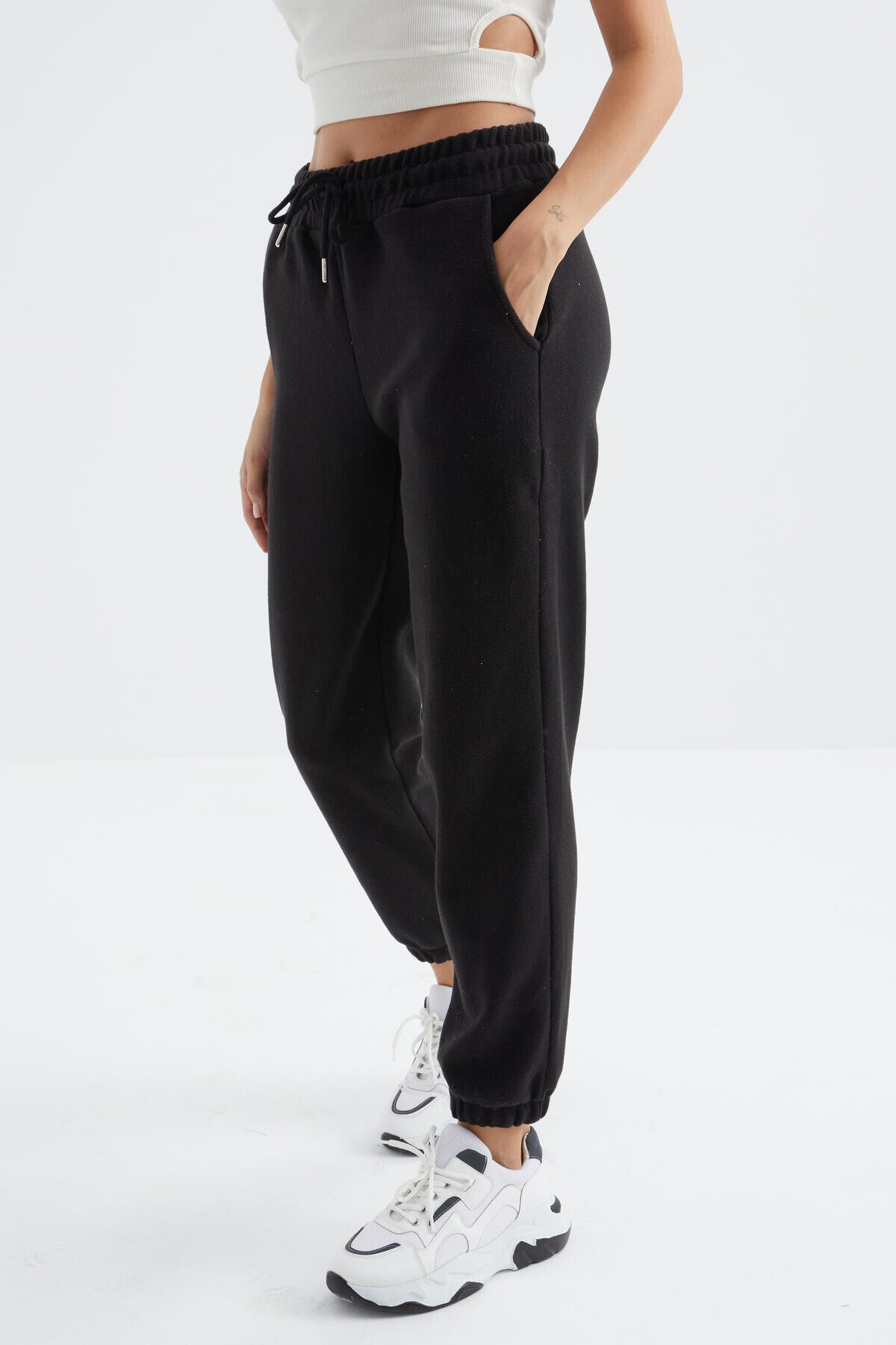 <tc>Pantalon de jogging en polaire femme à taille haute, basique avec cordon - 94622</tc>