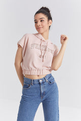 nar cicegi kapüşonlu yazi baskili beli lastikli bürümcük kumaş kadin crop top t-shirt - 97230