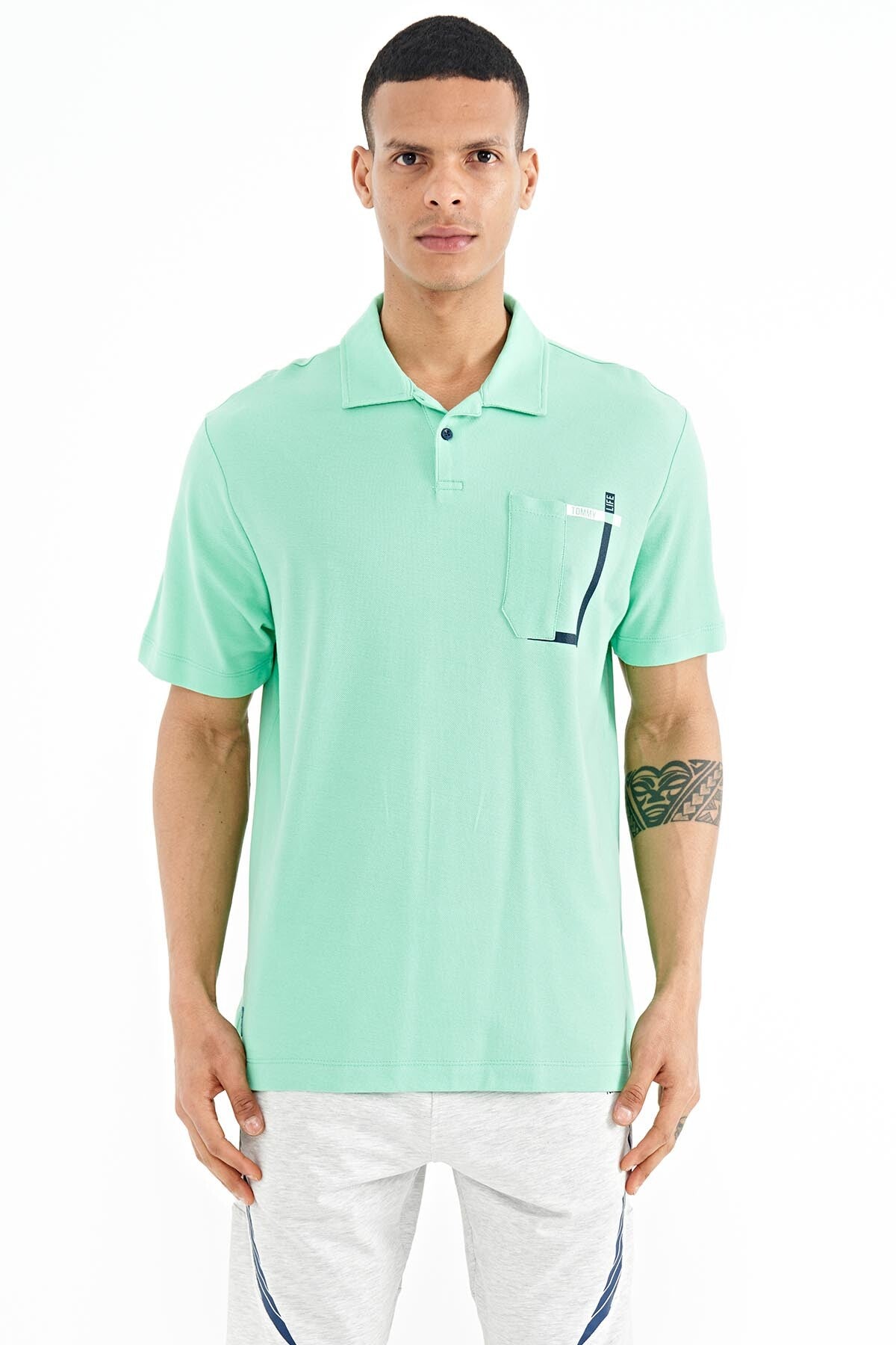 cep detayli baskili standart kalip polo yaka erkek t-shirt - 88241