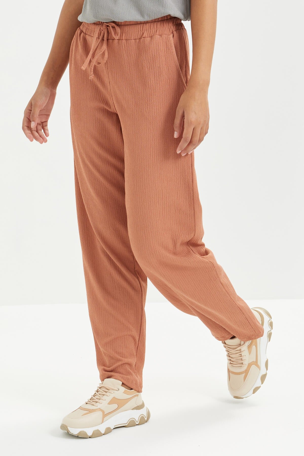 <tc>pantalon de jogging femme en tissu froncé avec taille élastique et cordon de serrage, coupe classique - 94619</tc>