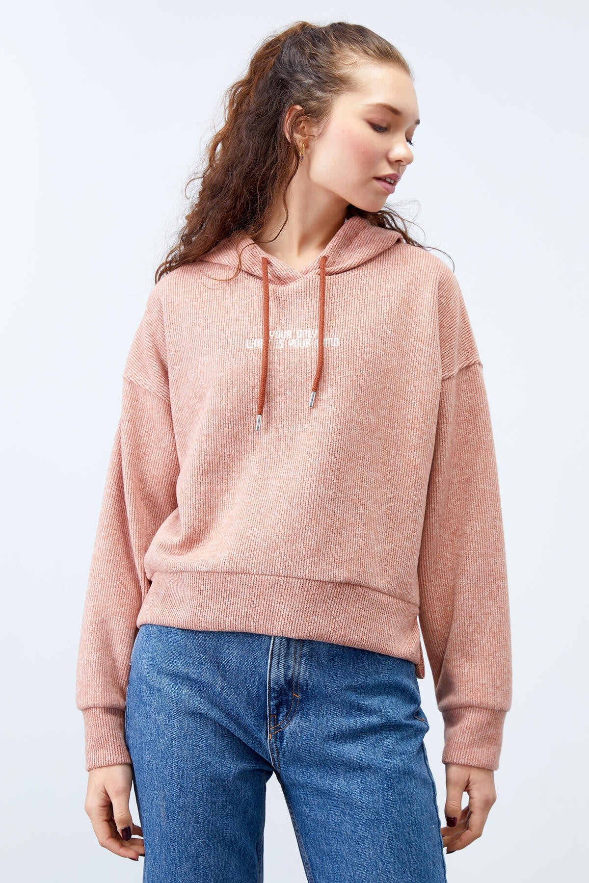 kapüşonlu yazi nakişli selanik kadin oversize sweatshirt - 97192