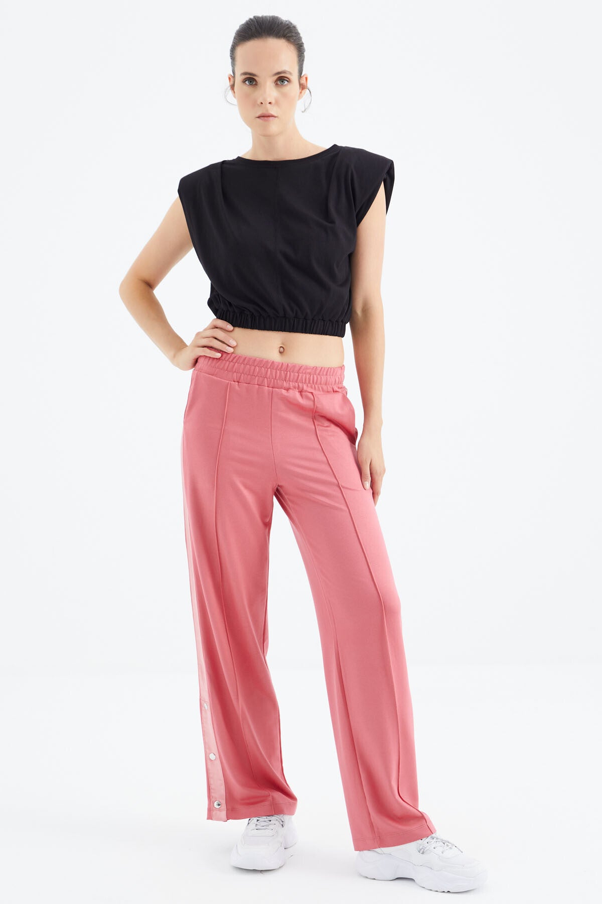 <tc>pantalon de survêtement pour femme à taille élastique avec cordon de serrage et détails de couture avant, jambes larges - 02371</tc>