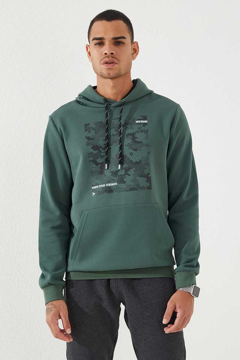 kamuflaj desen baskili standart kalip kapüşonlu erkek sweatshirt - 87884