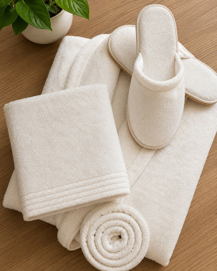 Pack Individuel Velours – Peignoir, Serviette et Pantoufles Assortis
