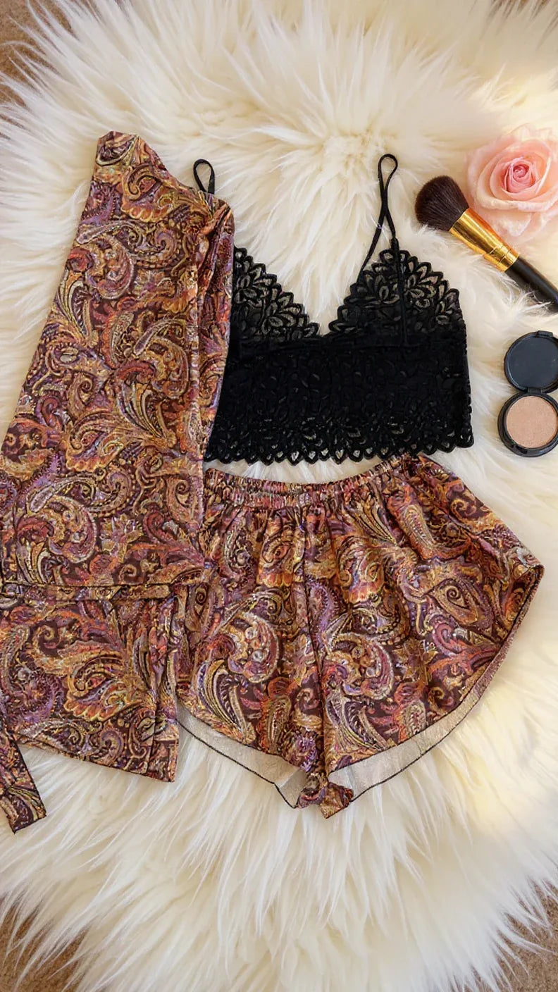 pyjama 317 -Ensemble pyjama satin 3 pièces femme motif cachemire - Justyol