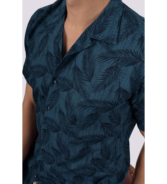 Palmiye Desenli İndigo Kısa Kol Slimfit Kutulu Göm - Justyol