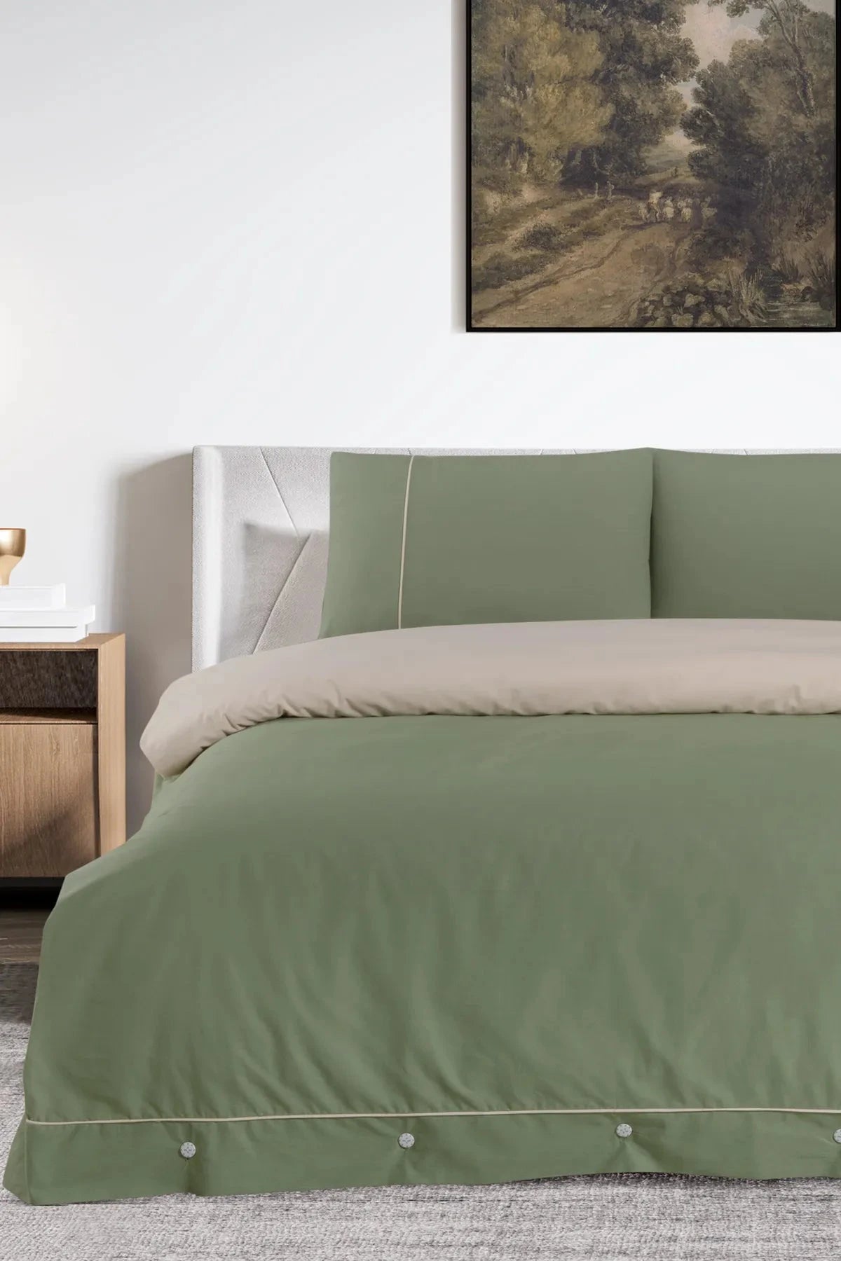 Pierre Cardin Pamuk Nevresim Takımı Biyeli Çift Kişilik Yeşil-Krem Pierre Cardin